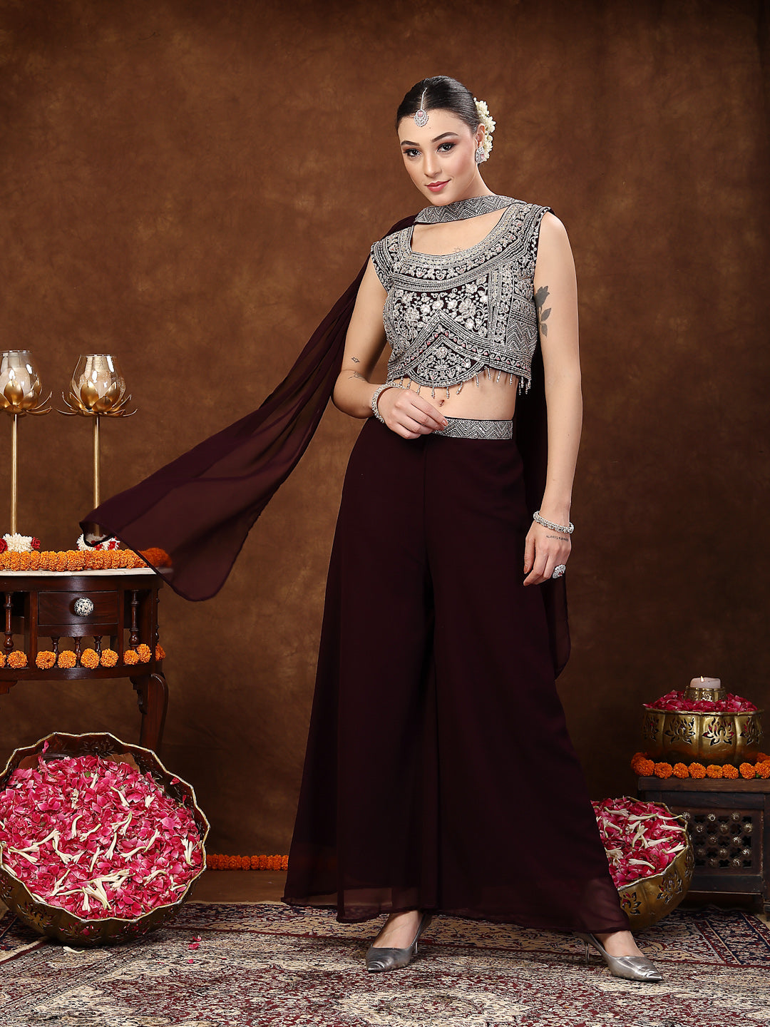 Wine Embellished Party Wear Georgette Palazzo & Blouse With Dupatta
