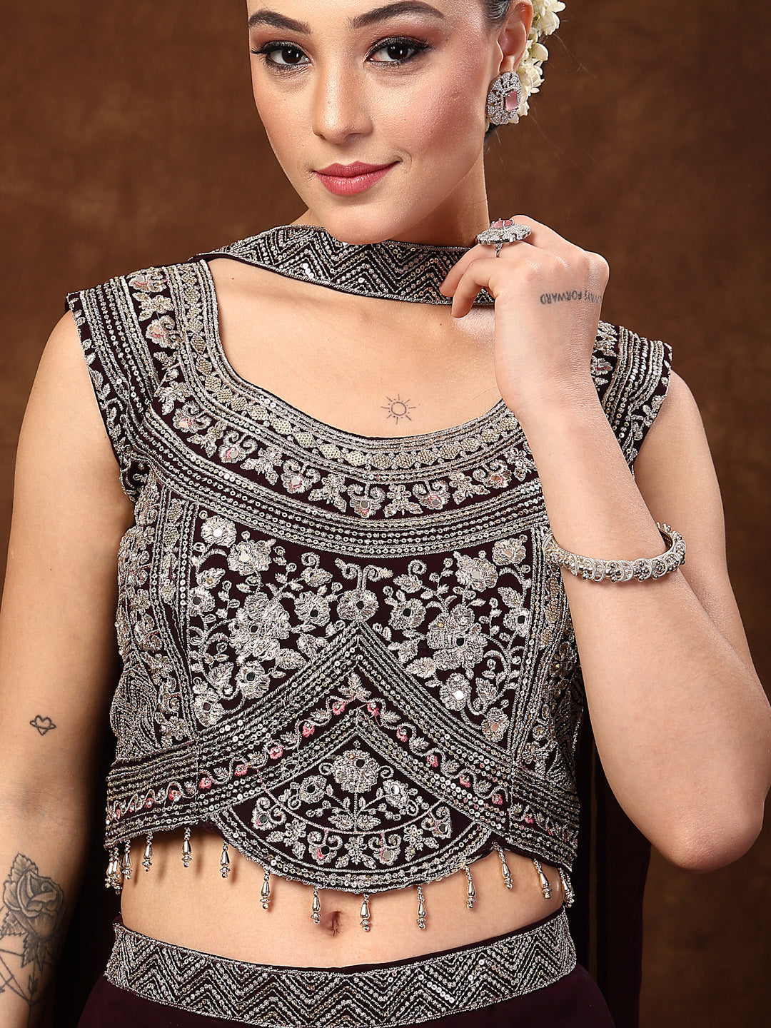 Wine Embellished Party Wear Georgette Palazzo & Blouse With Dupatta
