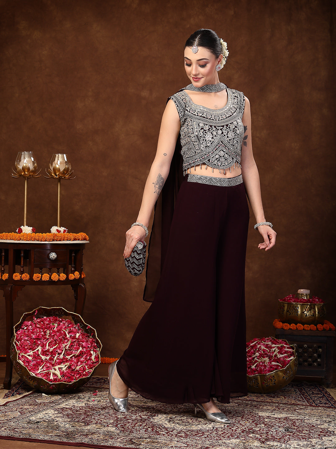 Wine Embellished Party Wear Georgette Palazzo & Blouse With Dupatta