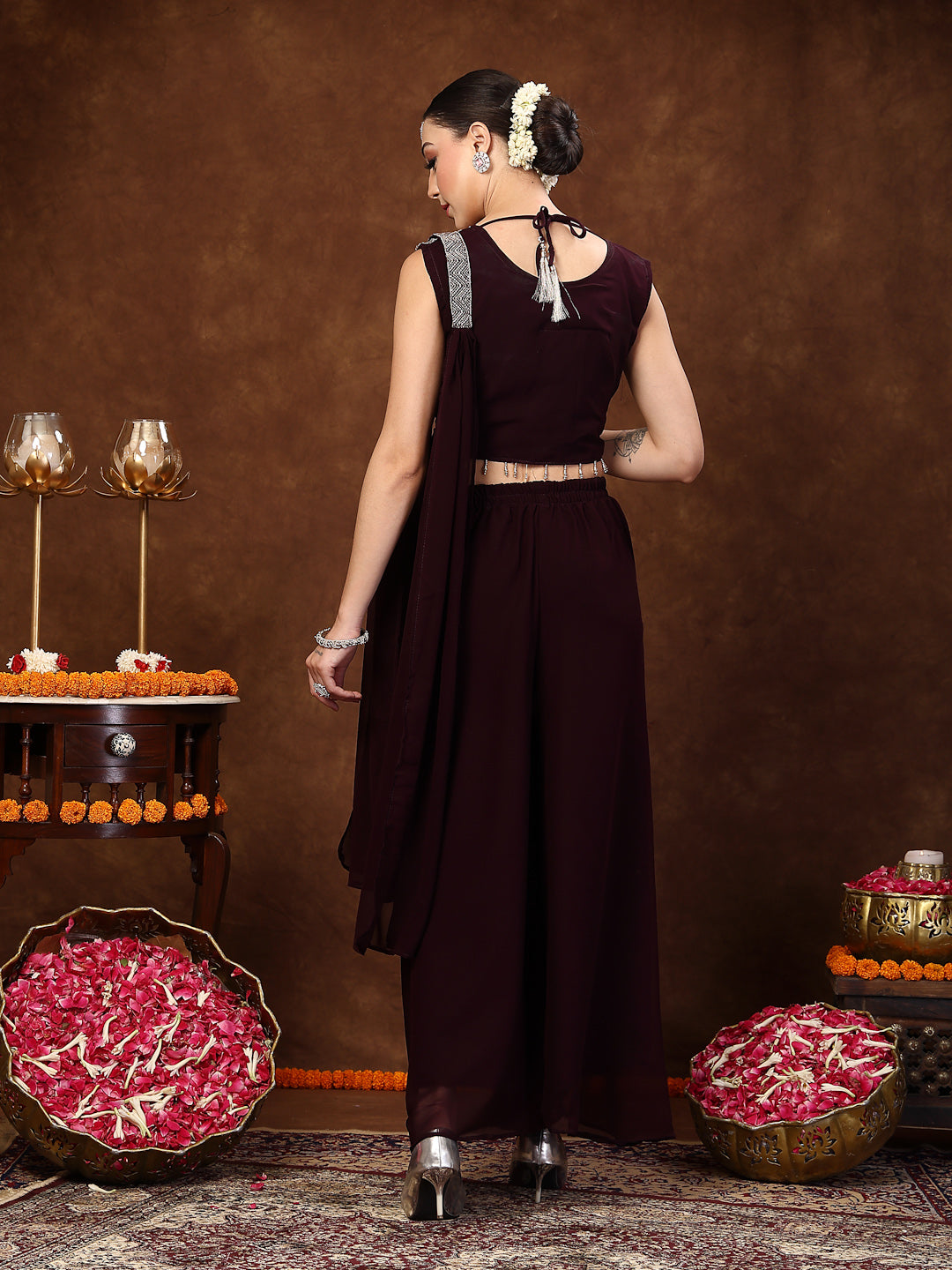 Wine Embellished Party Wear Georgette Palazzo & Blouse With Dupatta