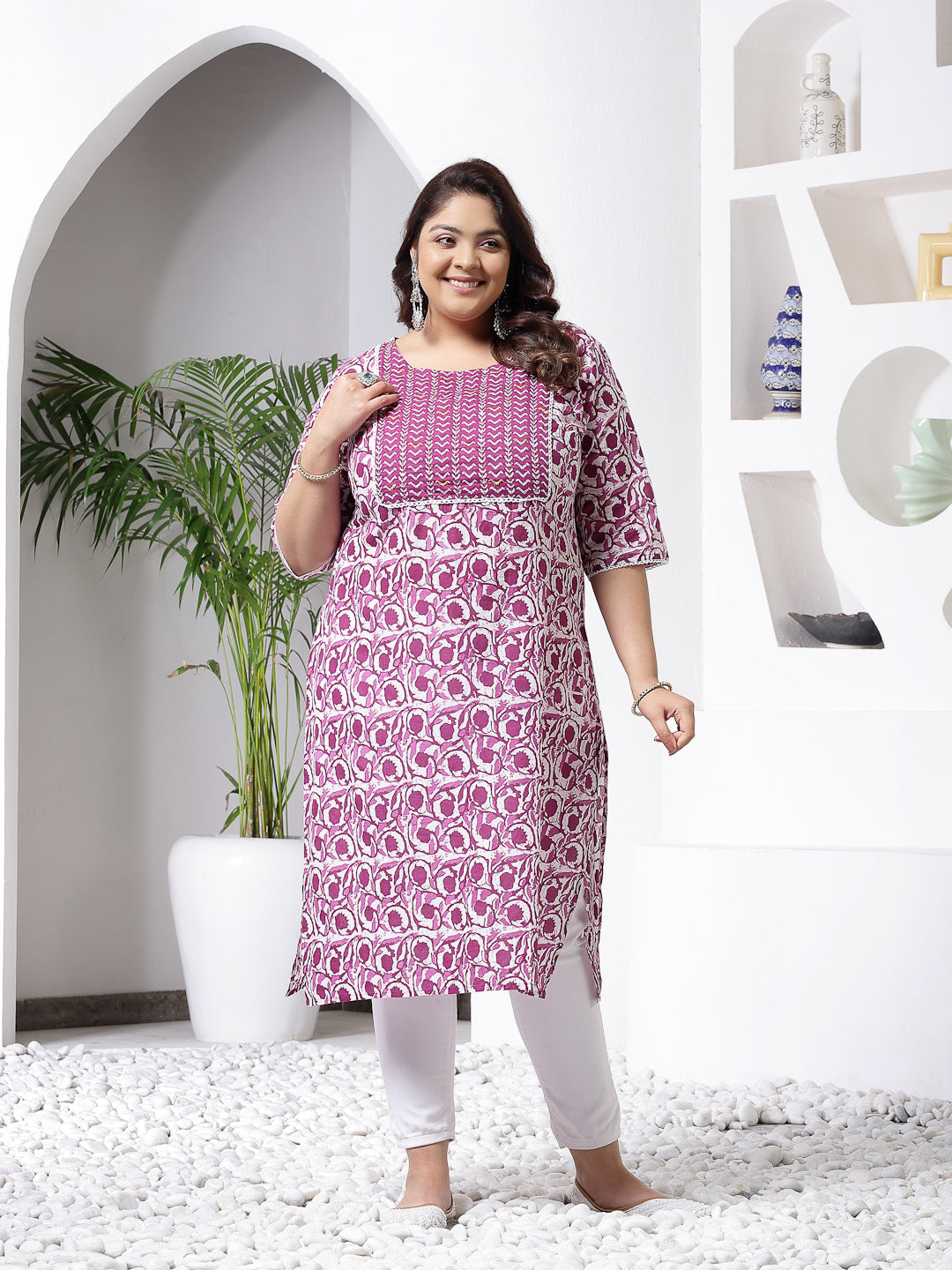 Purple Printed Cotton Slub Straight Kurta