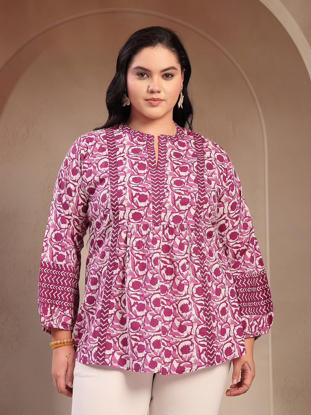 Plus Size Purple Floral Printed Cotton Top
