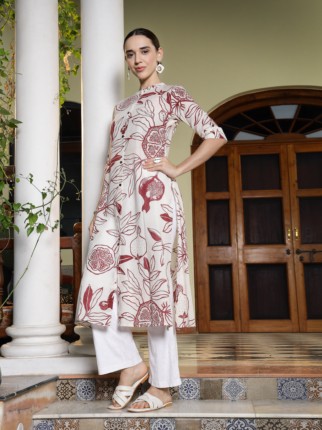 Red Botanical Printed Rayon A-Line Kurta