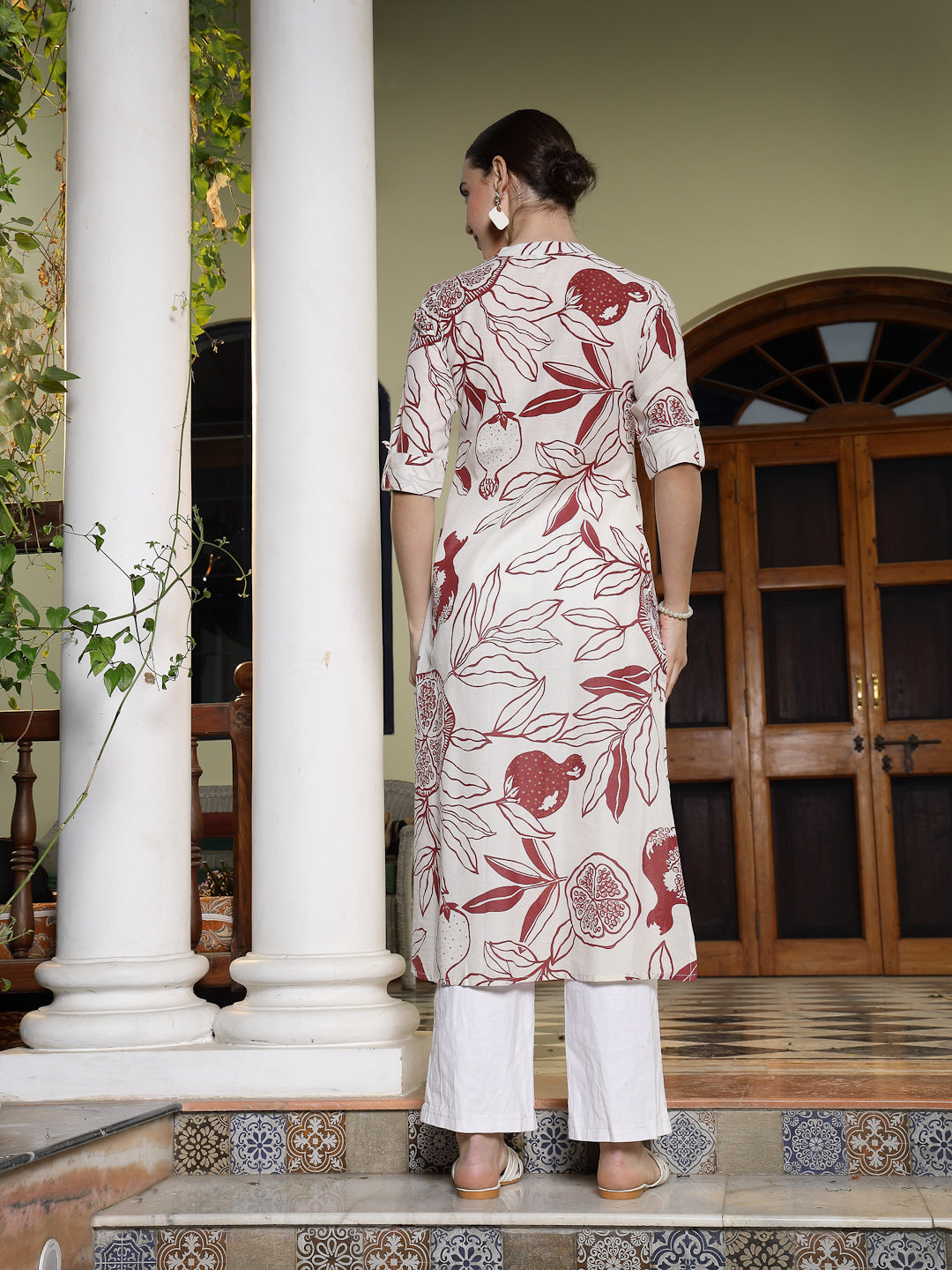 Red Botanical Printed Rayon A-Line Kurta