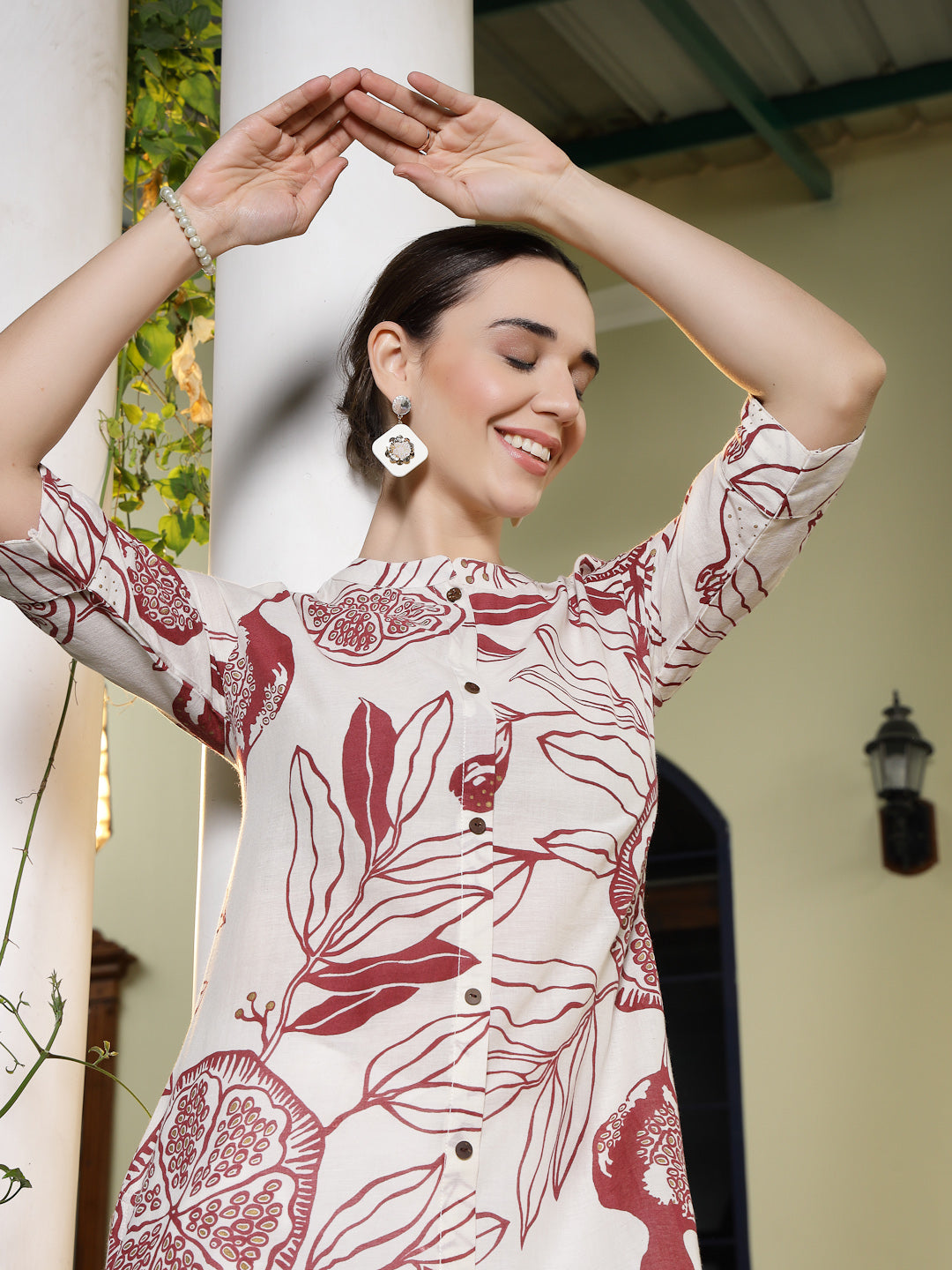Red Botanical Printed Rayon A-Line Kurta