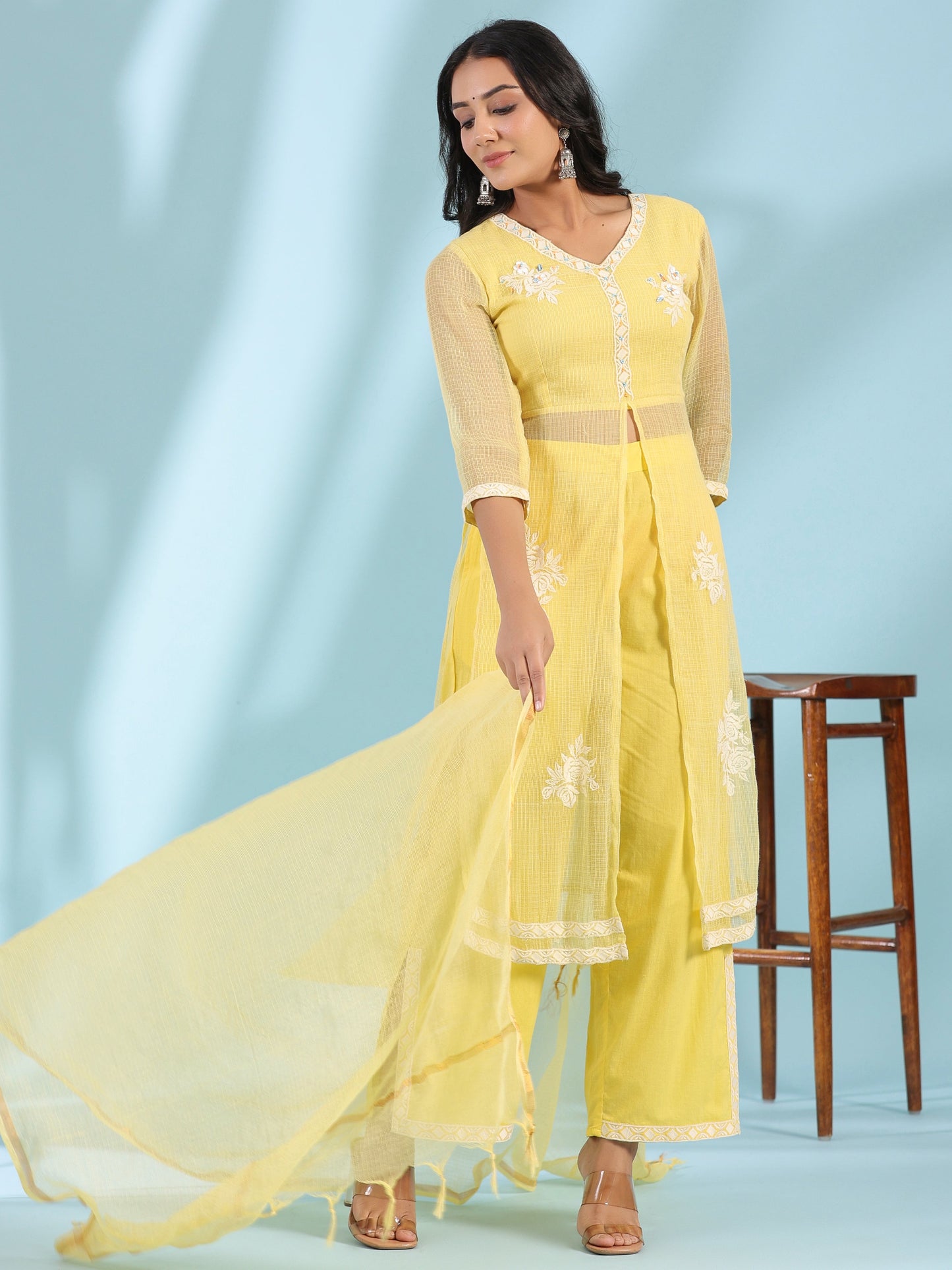 Yellow Floral Printed Pure Cotton Kurta Palazzos & Kota Doria Dupatta With Beads Work