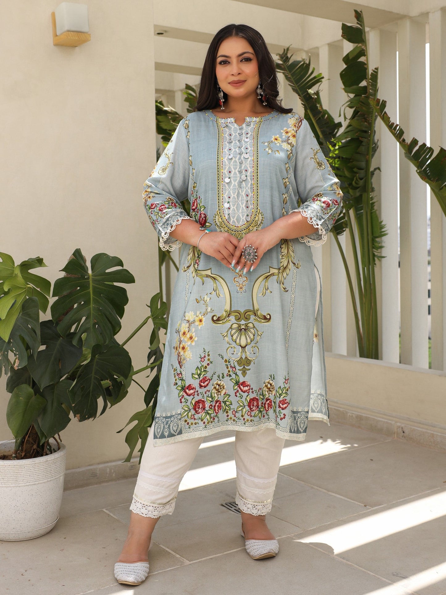 Grey Rayon Floral Printed Regular Plus Size Kurta With Beadwork