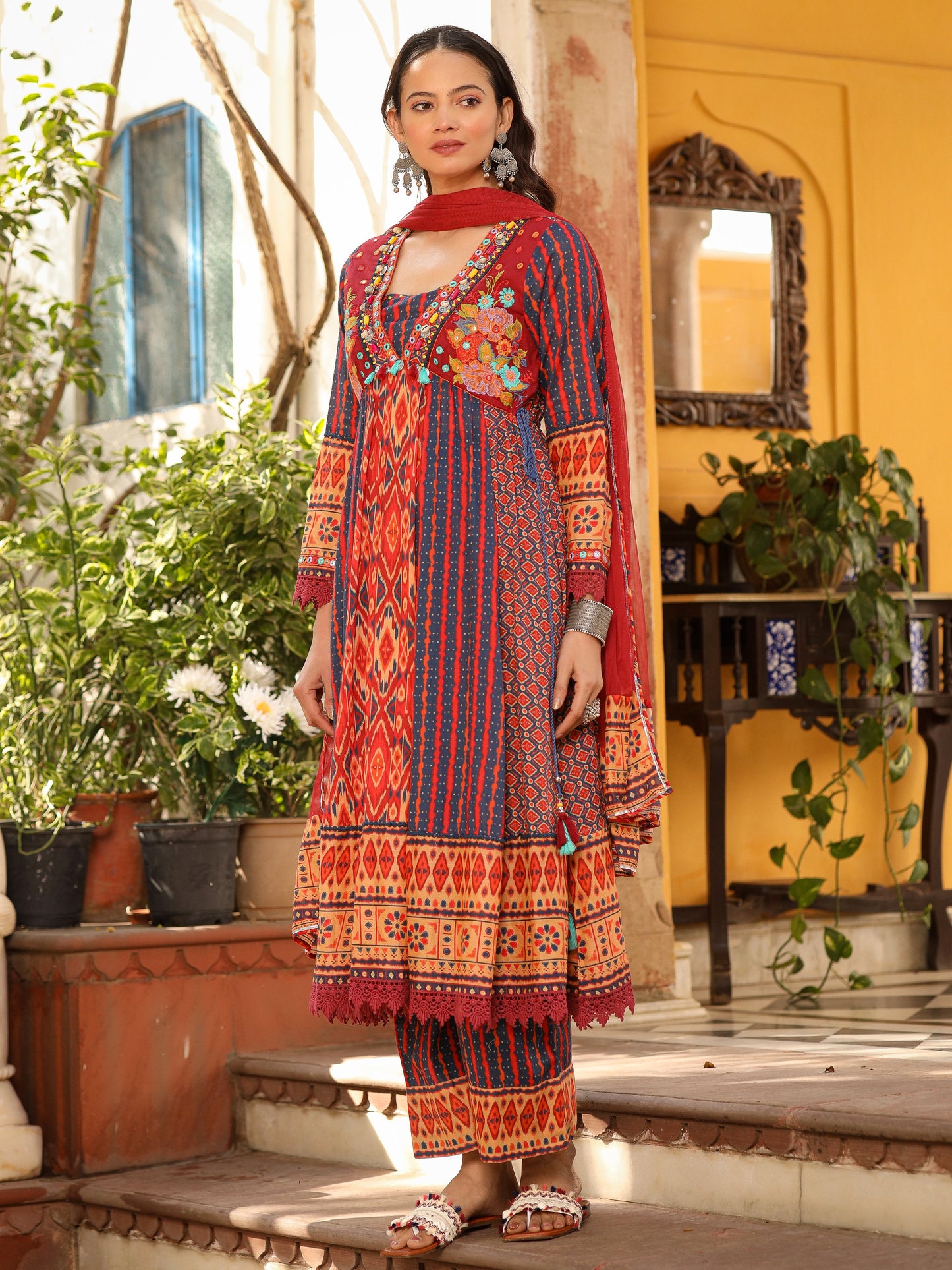 Rust Pure Cotton Ikat Printed Alia Cut Anarkali Kurta Set With Tassels & Thread Embroidery