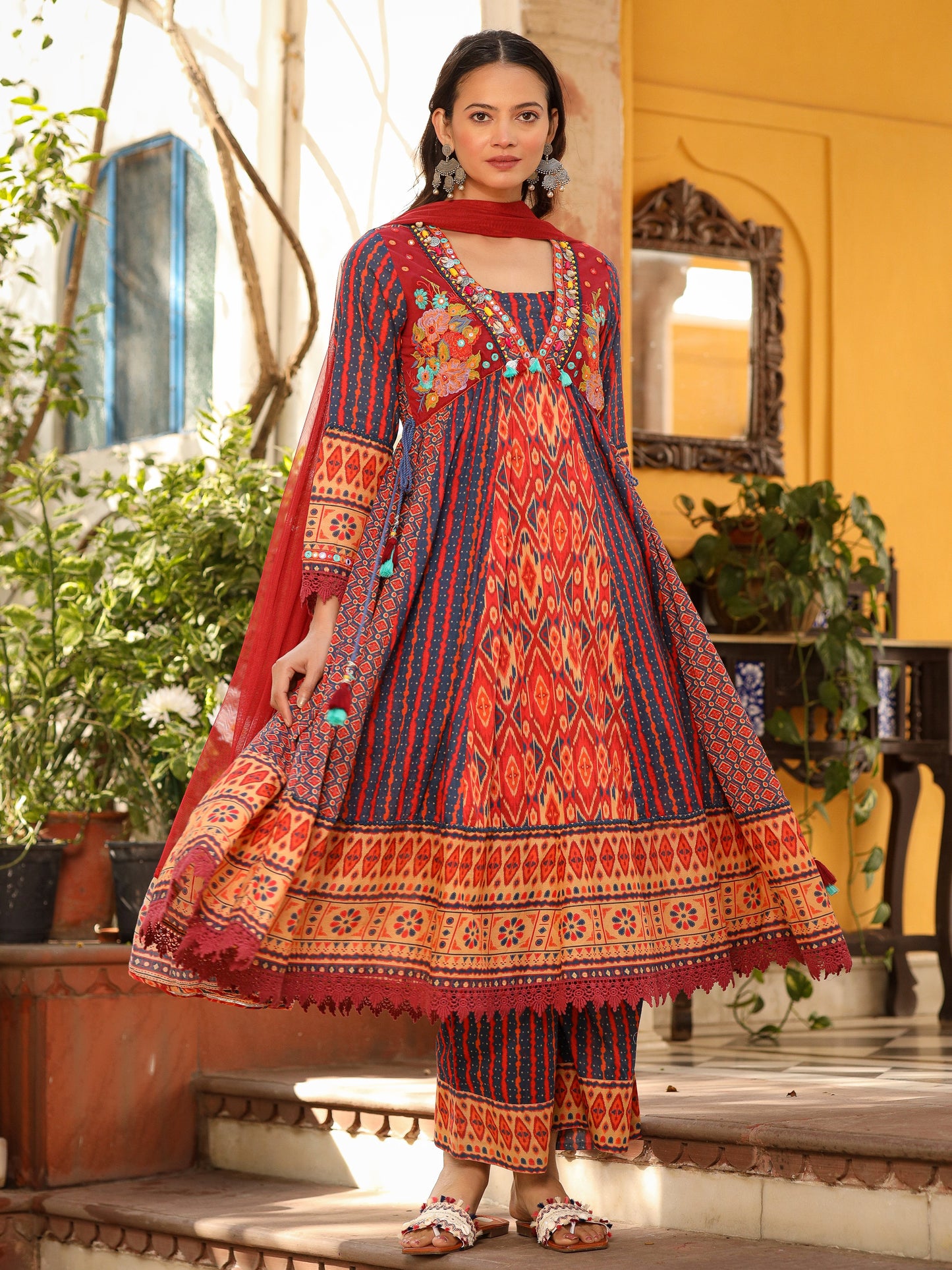 Rust Pure Cotton Ikat Printed Alia Cut Anarkali Kurta Set With Tassels & Thread Embroidery