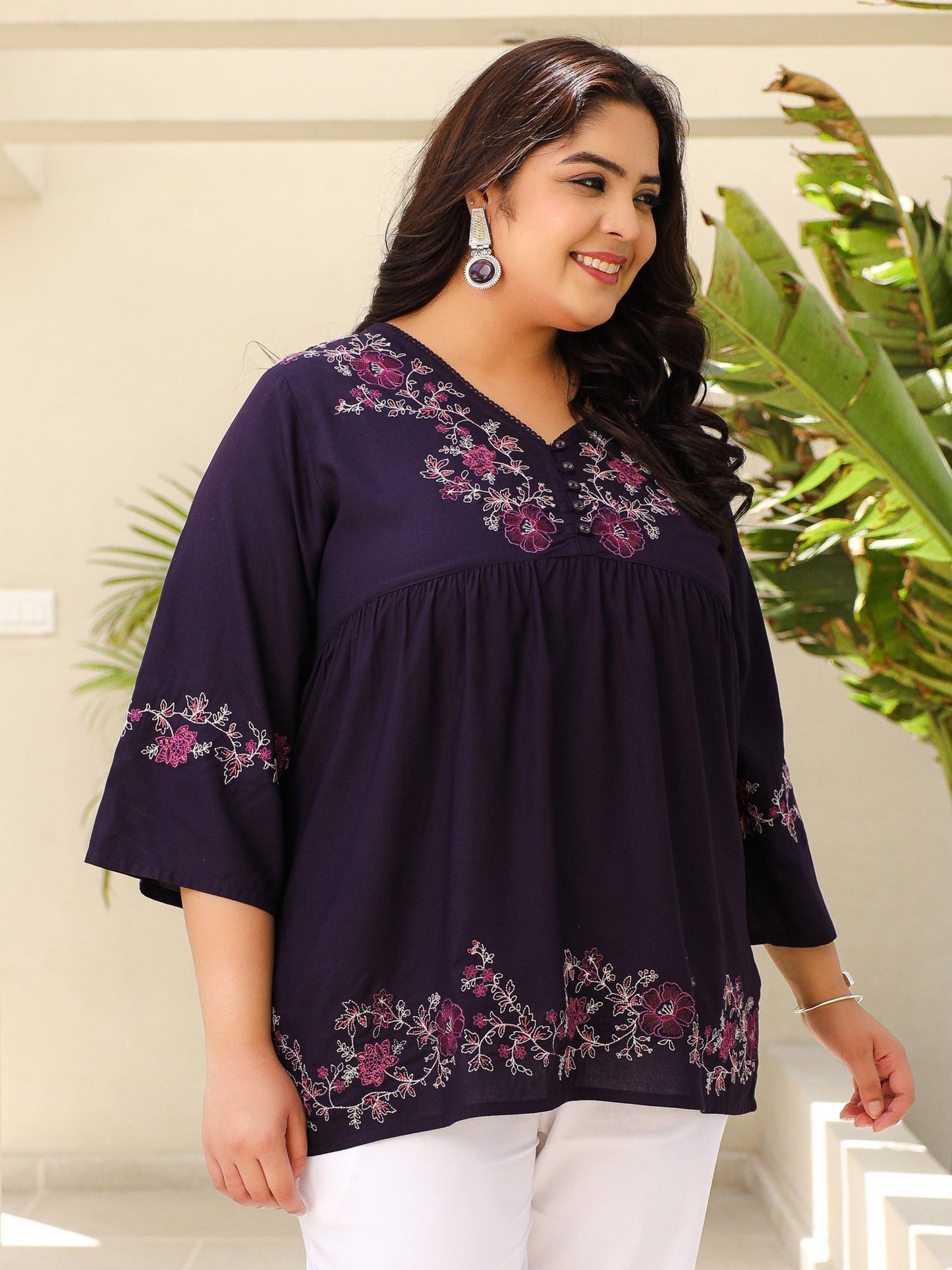 Purple Modal Rayon Floral Embroidered Alia Cut Plus Size Tunic