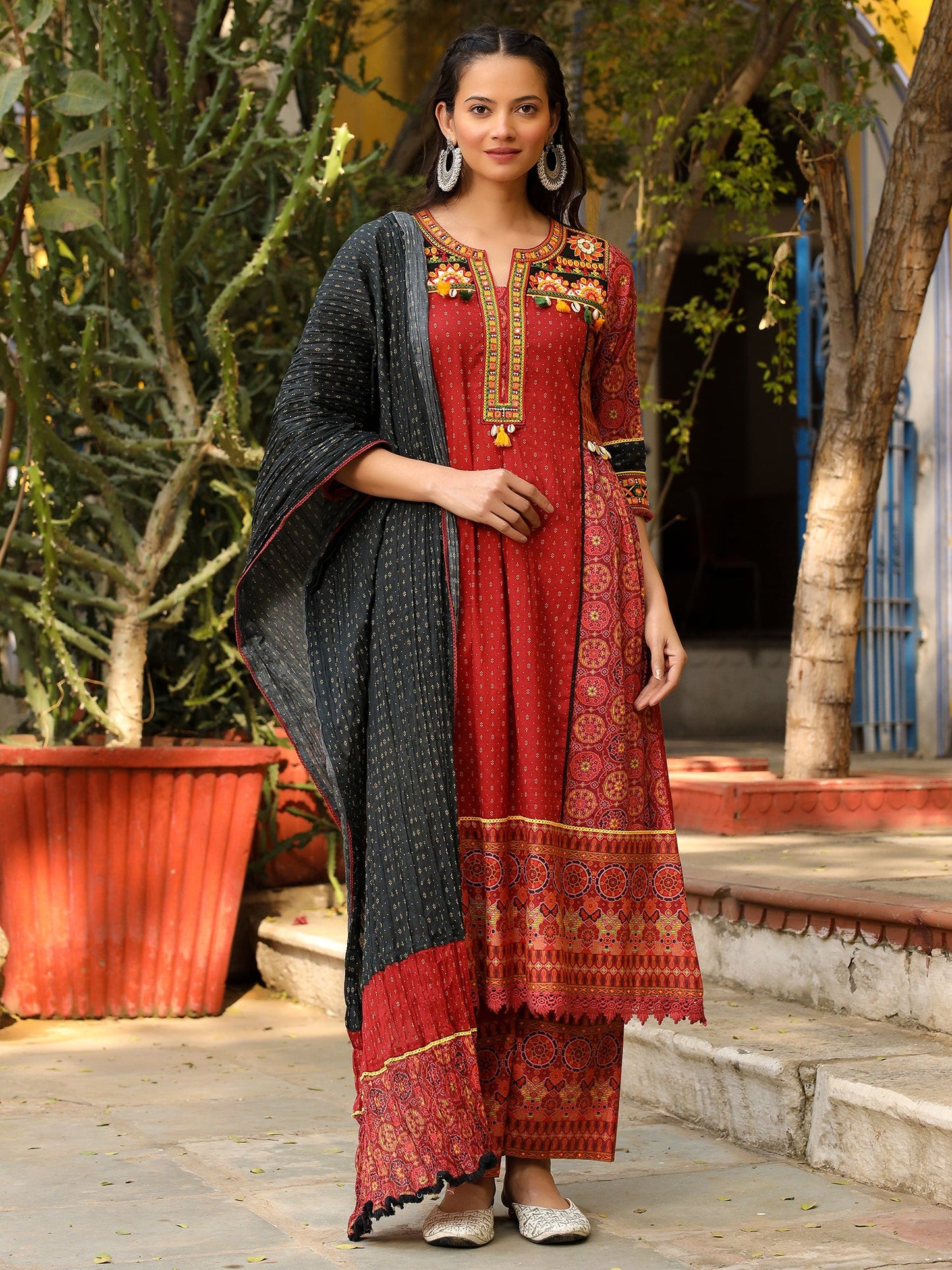 Rust Ethnic Motif Printed Cotton Kurta With Pant & Dupatta With Thread Embroidery Kaudi &Tassel