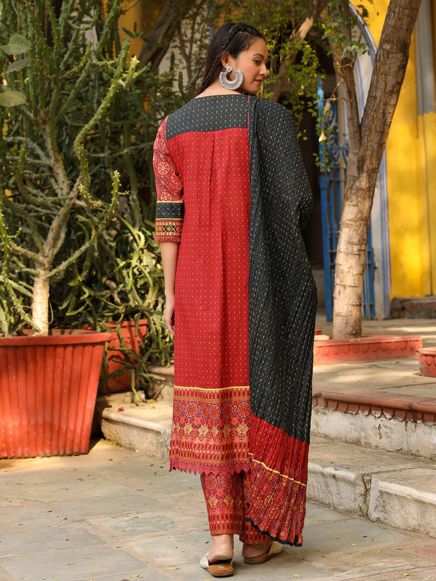 Rust Ethnic Motif Printed Cotton Kurta With Pant & Dupatta With Thread Embroidery Kaudi &Tassel