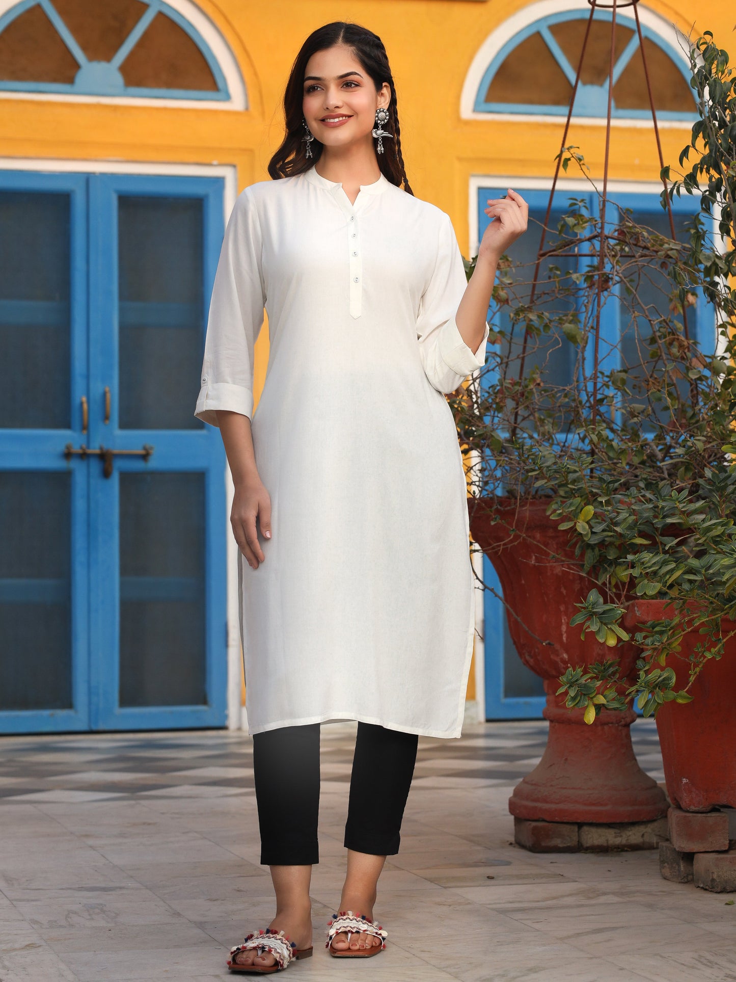 Black Solid Modal Rayon Straight Kurta With Half Placket At Front