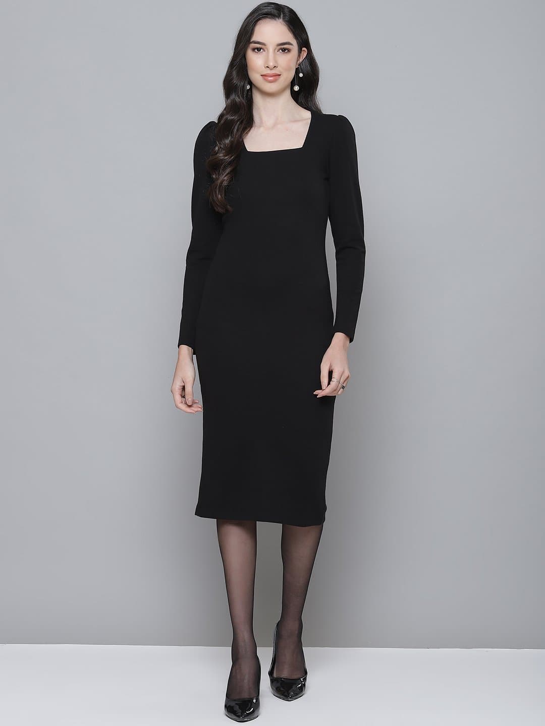 bodycon dress manufacturers Black Rib Puff Sleeves Square Neck OTL Womens Bodycon Mini YGroup_6644 French Blue Dresses | Accessories:With Veil