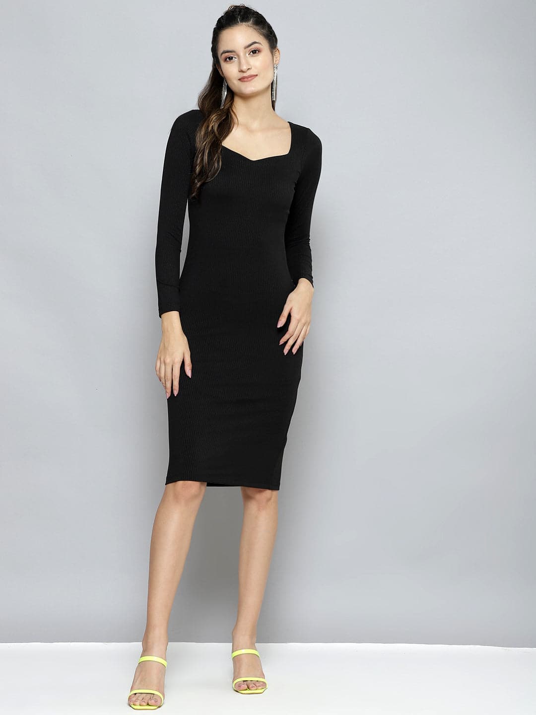 midi dress bodycon for women Sassafras Women Charcoal Rib Sweetheart Neck BodyCon Midi Dress XXL / Grey