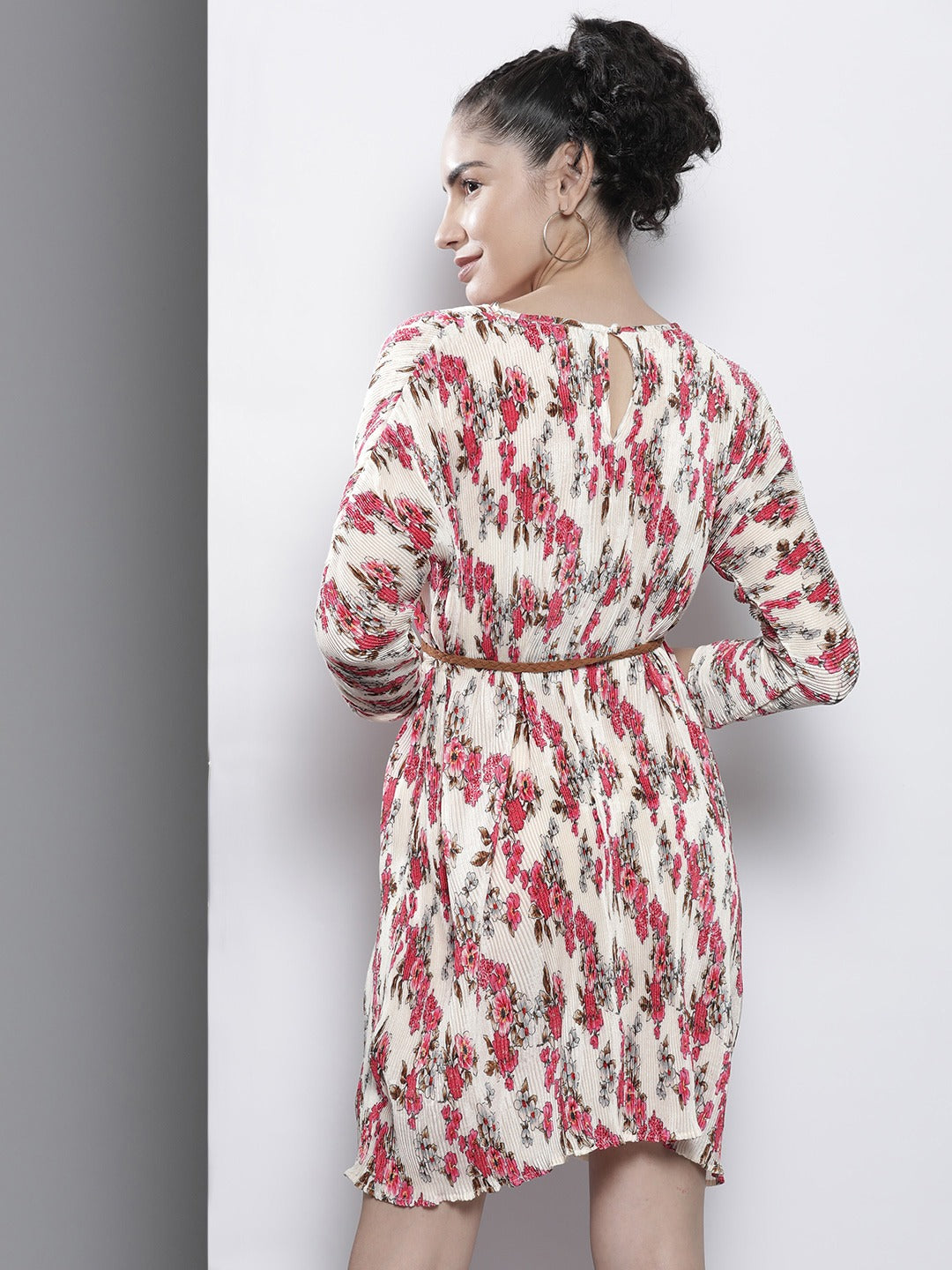 Beige Floral Pleated Chinon Bodycon Dress