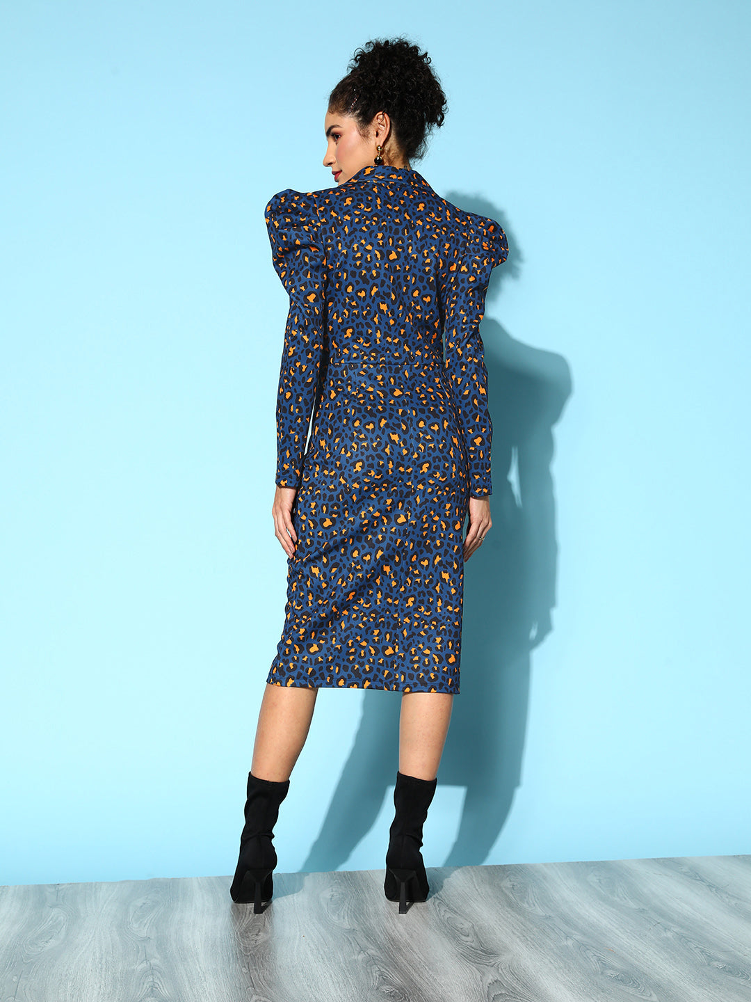 Navy Cheetah Scuba Wrap Bodycon Midi Dress