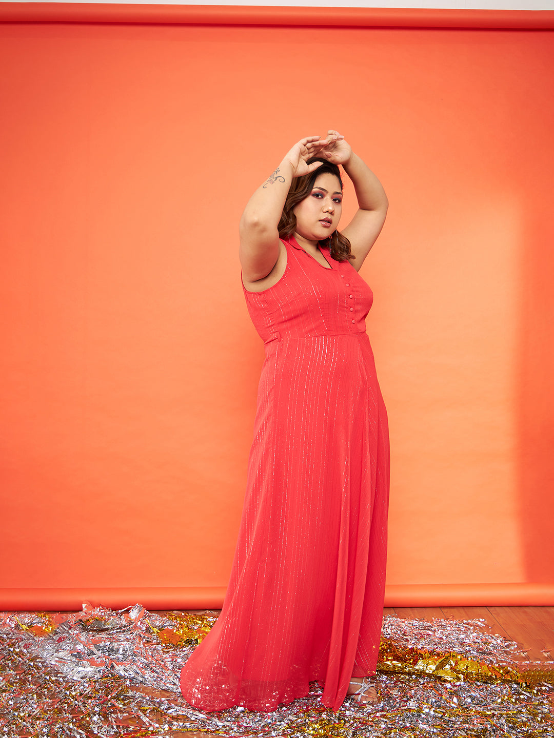Red Chiffon Lurex Notched Collar Maxi Dress