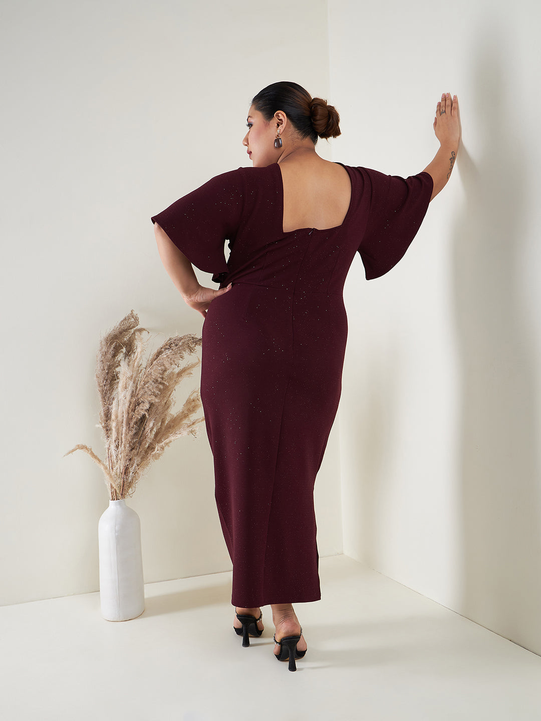 Burgundy Glitter Butterfly Sleeve Bodycon Ankle Dress
