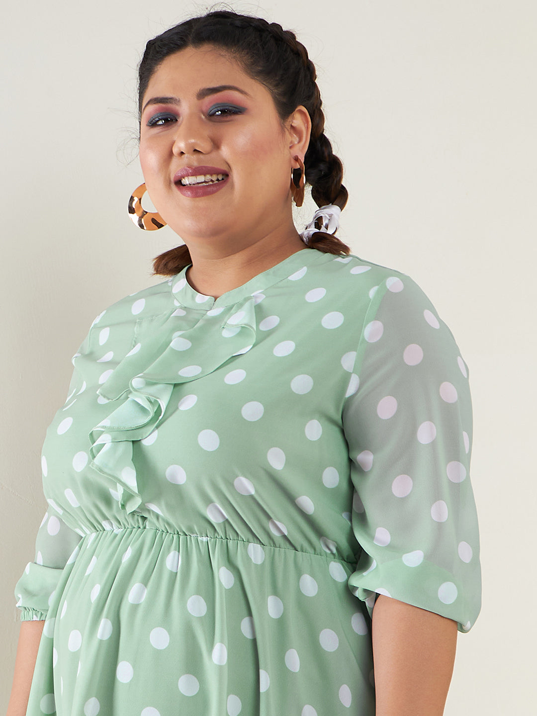 Sea Green Polka Dot Fit & Flare Ruffle Dress