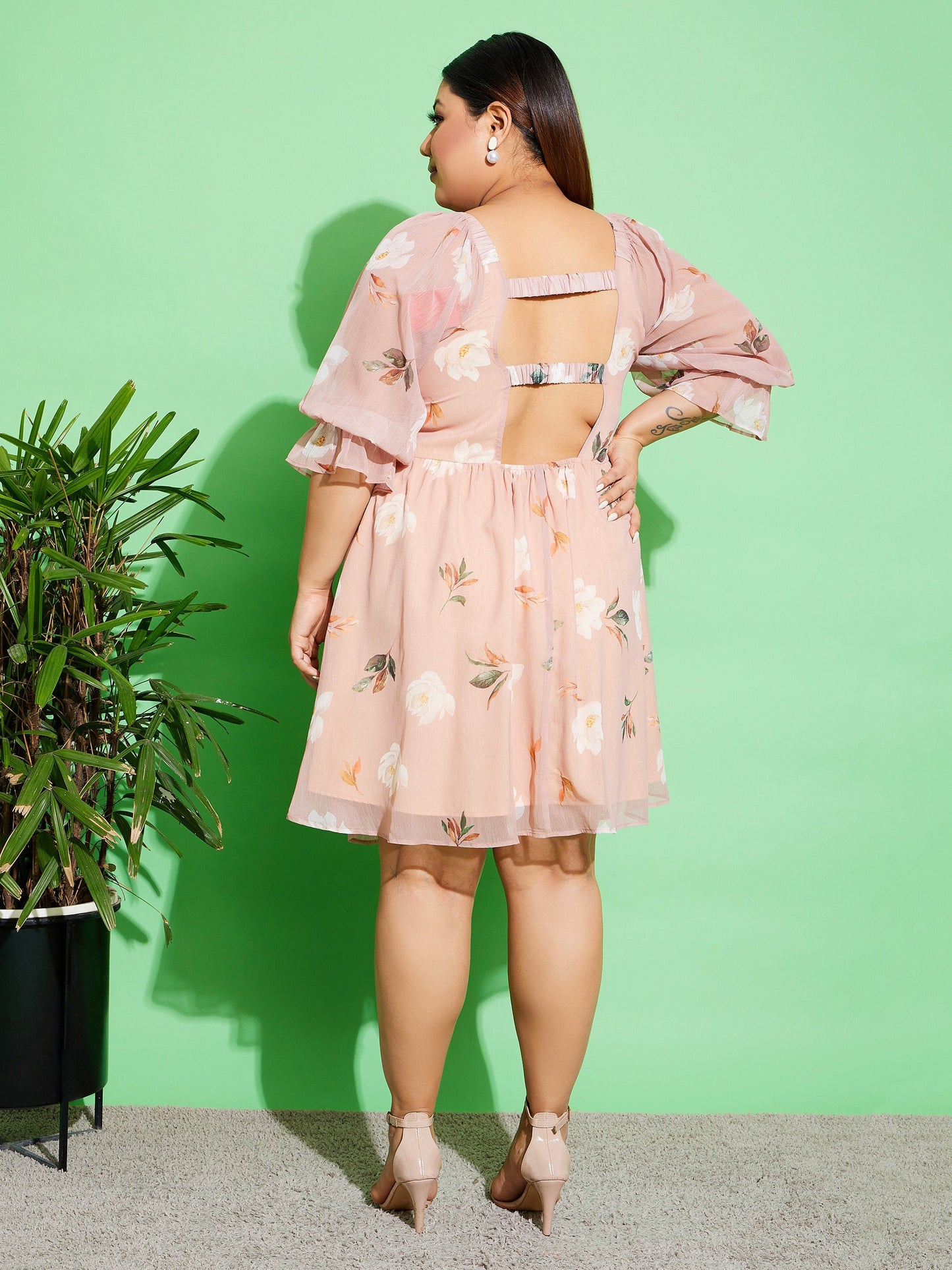 Beige Floral Chiffon Back Detail Skater Dress