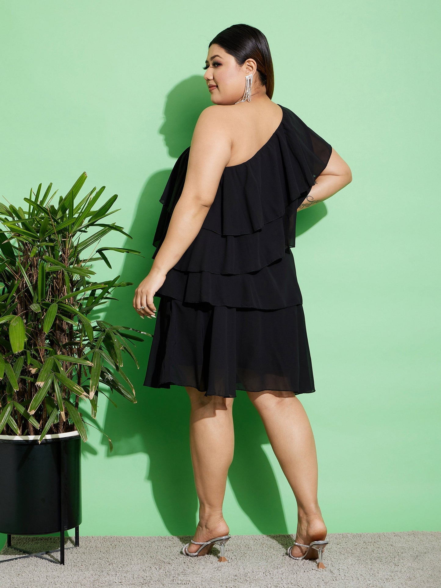 Black One Shoulder Frill Dress