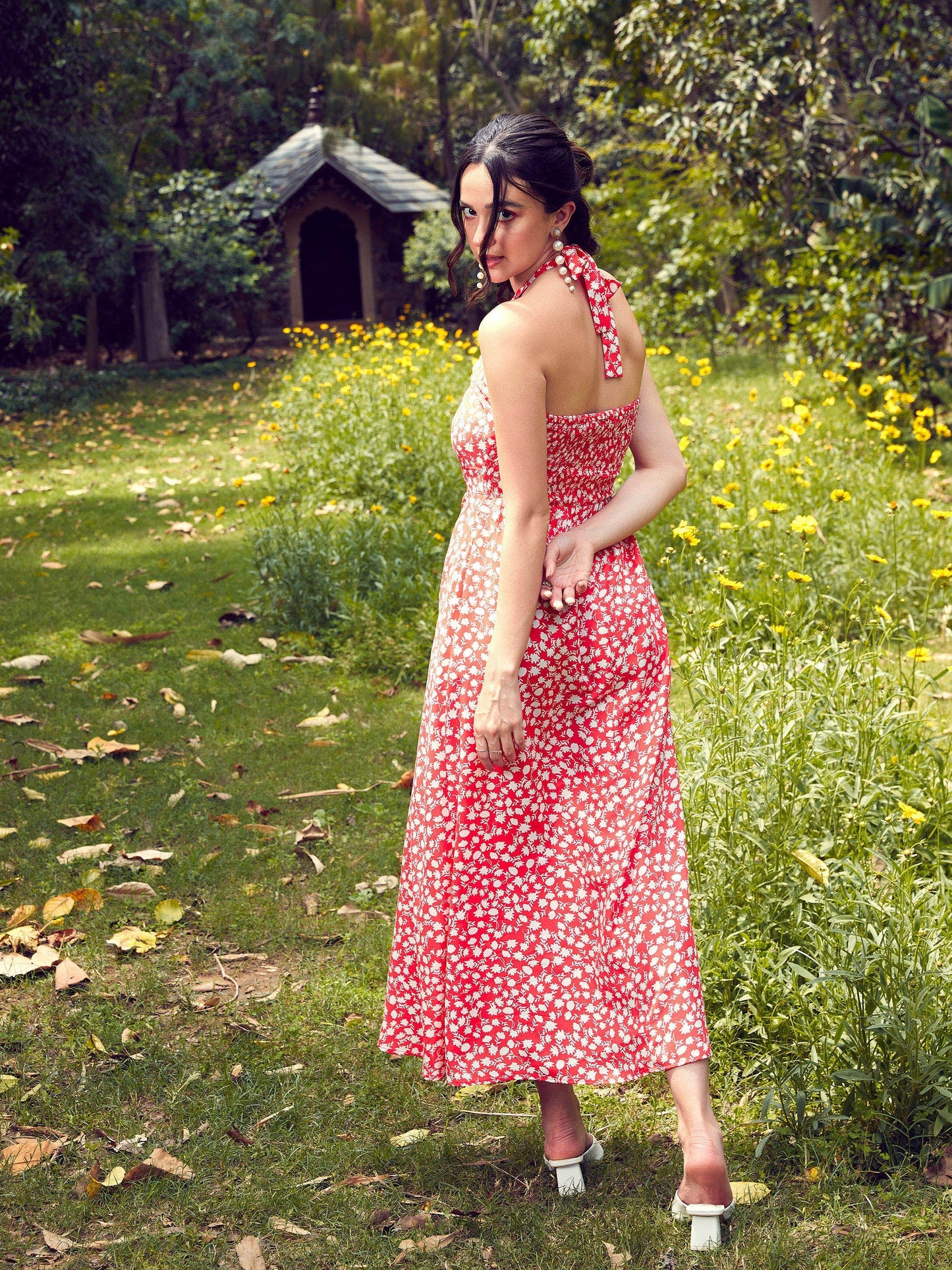 Red Ditsy Floral Halter Neck Maxi Dress