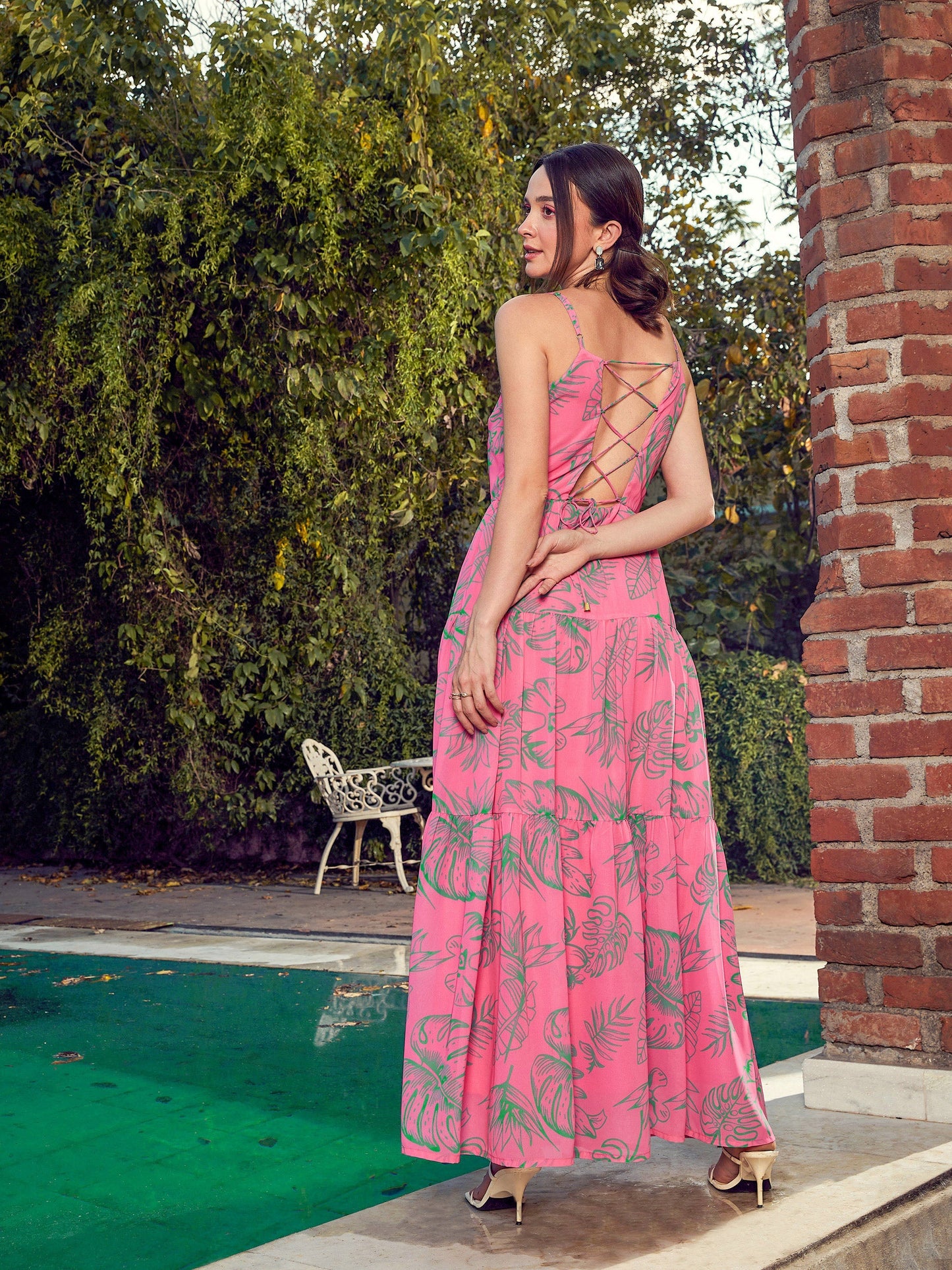 Pink Floral Strappy Tiered Maxi Dress