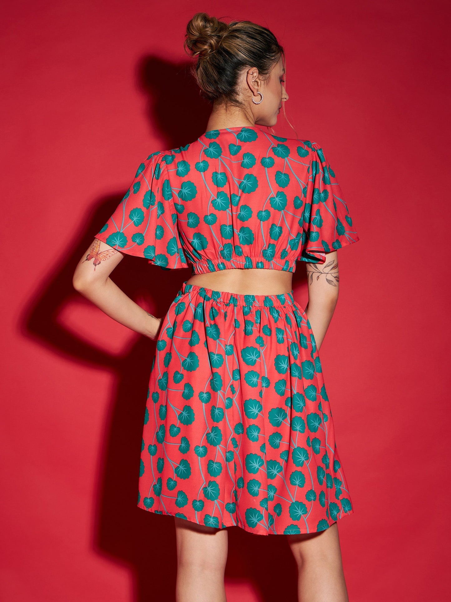 Red Floral Waist Cut Out Short Skater Dress