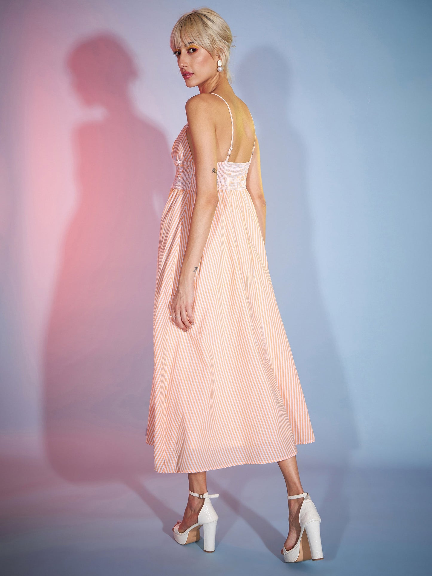 Orange & White Striped Strappy Maxi Dress