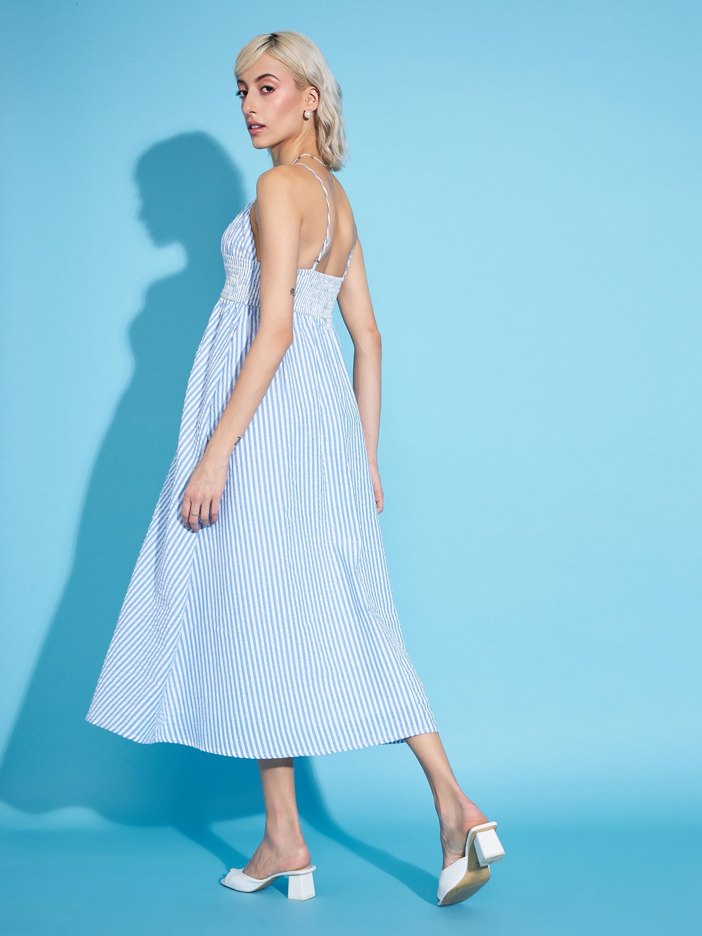 Blue & White Striped Strappy Maxi Dress