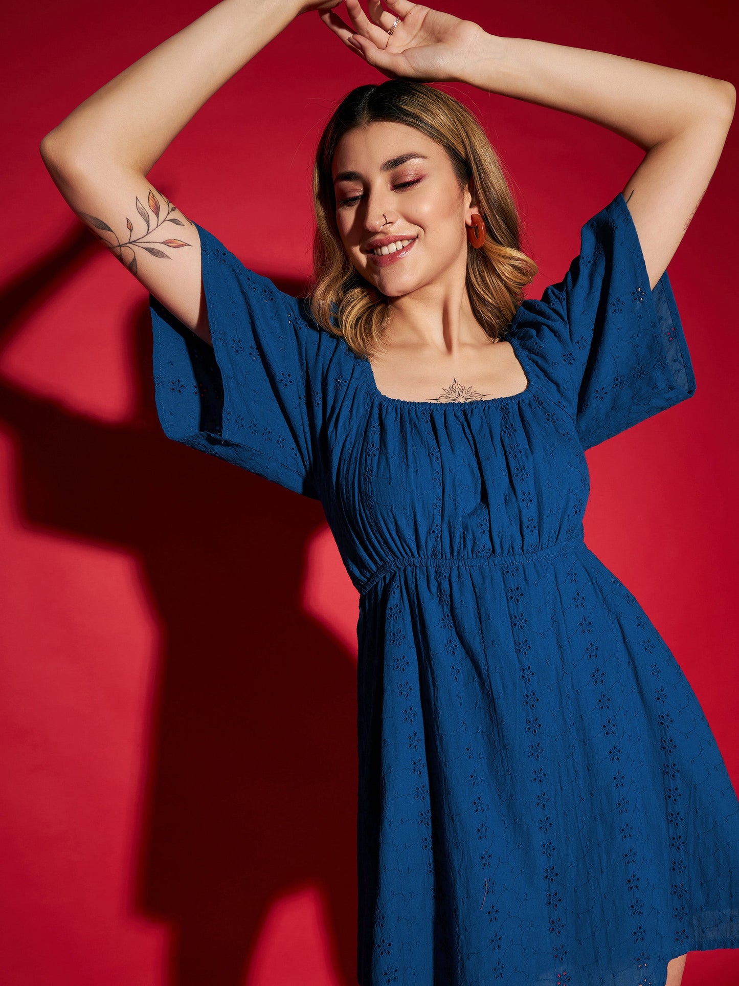 Women Royal Blue Schiffli Back Tie Short Skater Dress