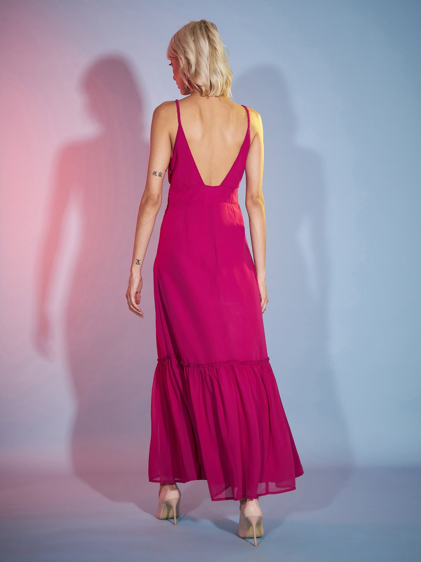 Magenta Strappy Wrap Neck Maxi Dress