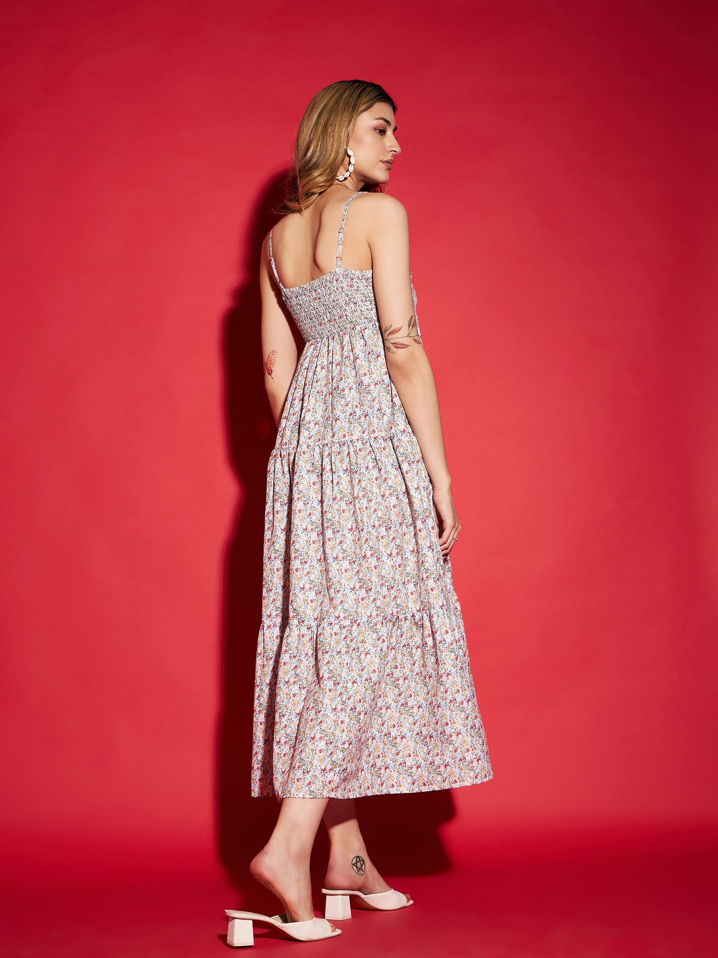 White Ditsy Floral Strappy Tiered Maxi Dress