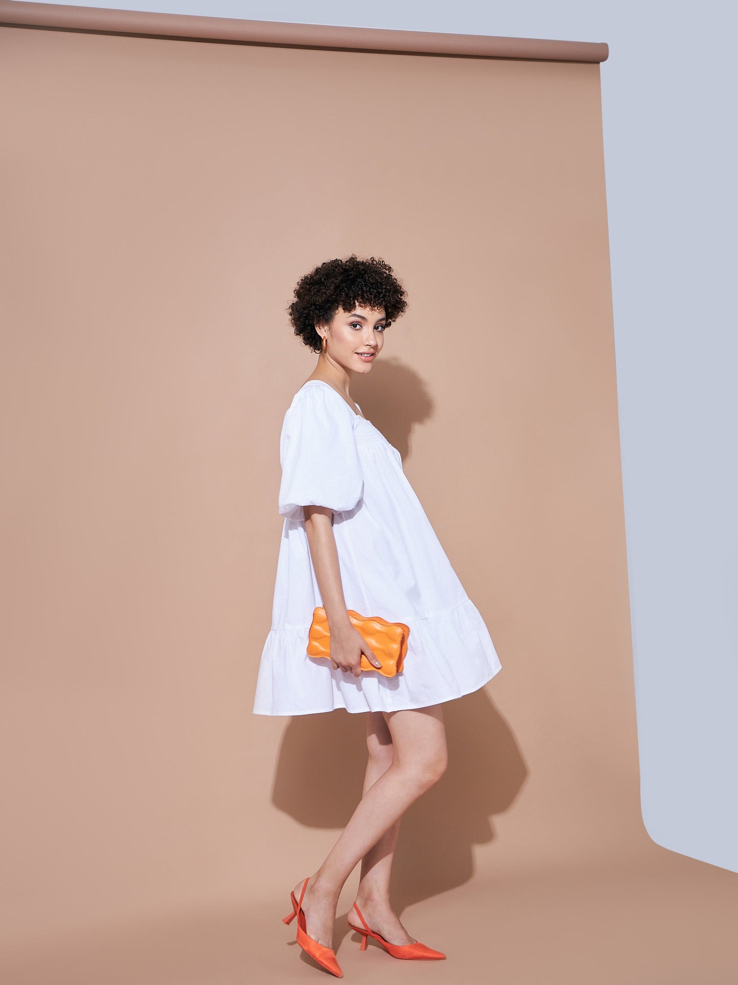 White Cotton Poplin Puff Sleeves Tiered Dress