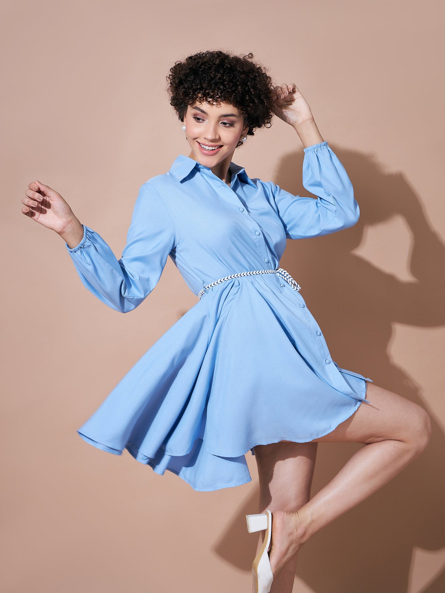 Blue Belted Flared Skater Dress