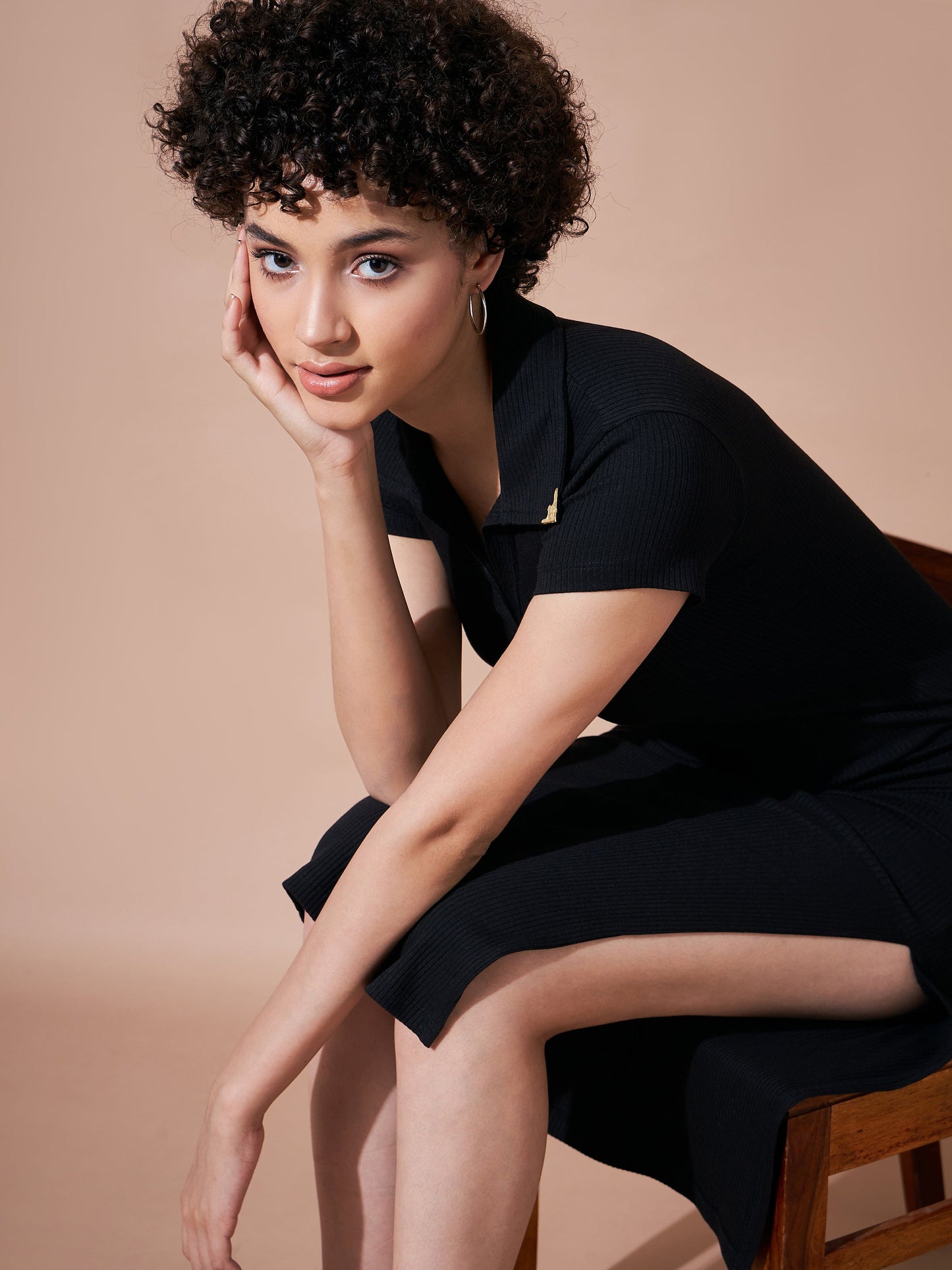 Women Black Rib Polo Collar Tip Bodycon Dress