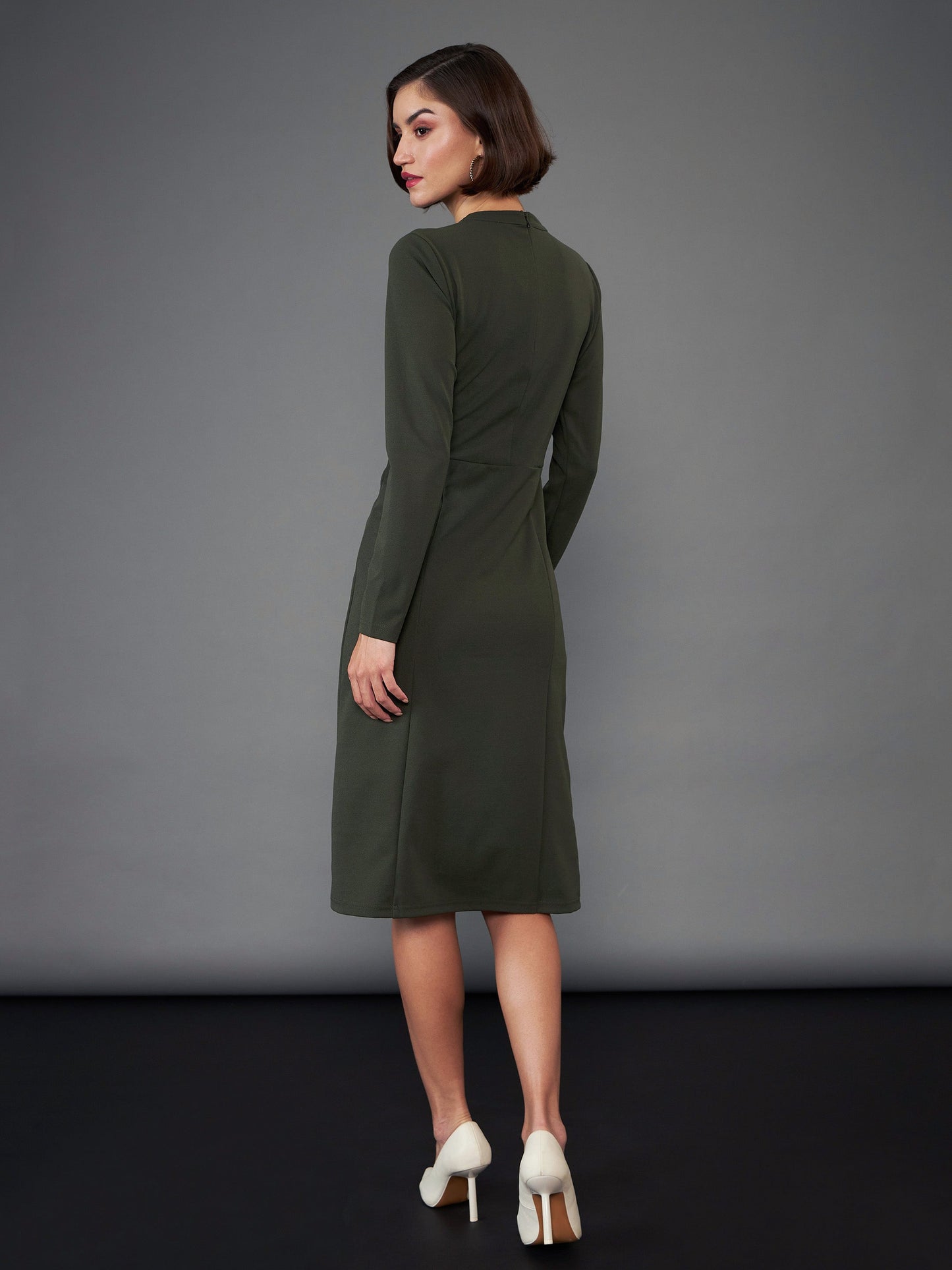 Olive Button Yoke Belted Midi Dress