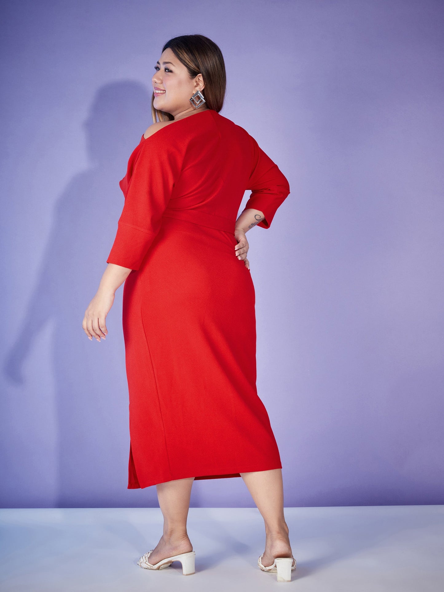 Red Ring-Belt Drop Shoulder Midi Dress