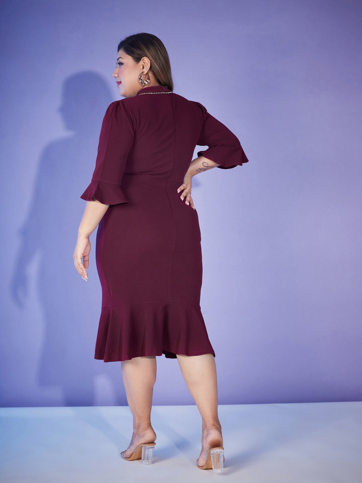 Burgundy Hem Frill Diamante Neck Bodycon Dress-SASSAFRAS Curve