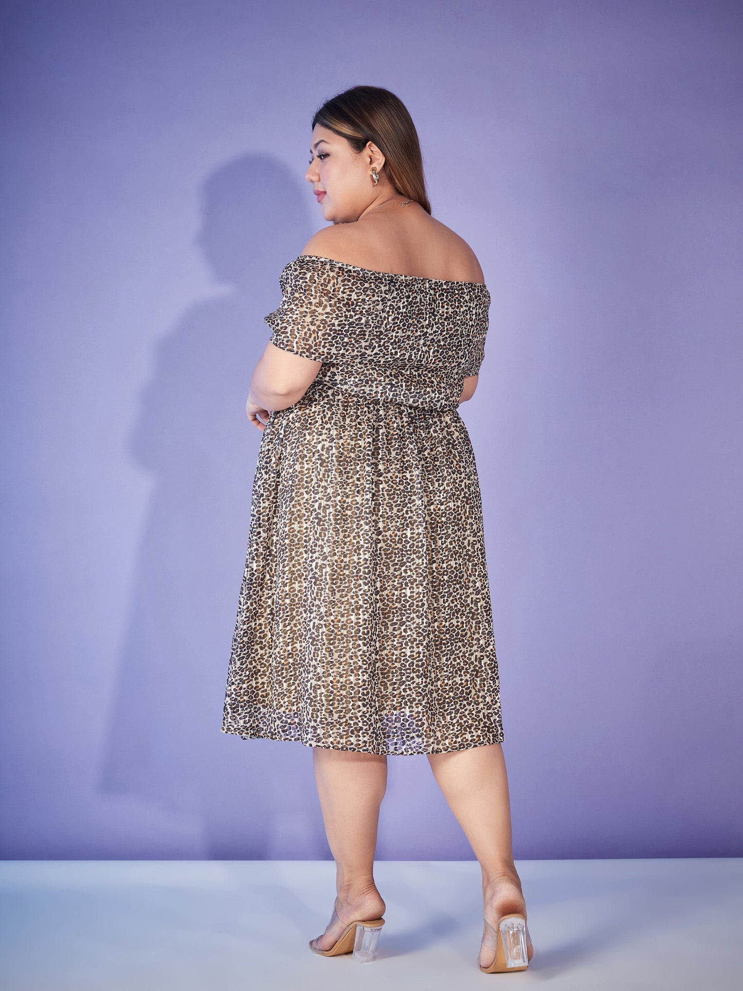 Beige Animal Print Off Shoulder Belted Dress
