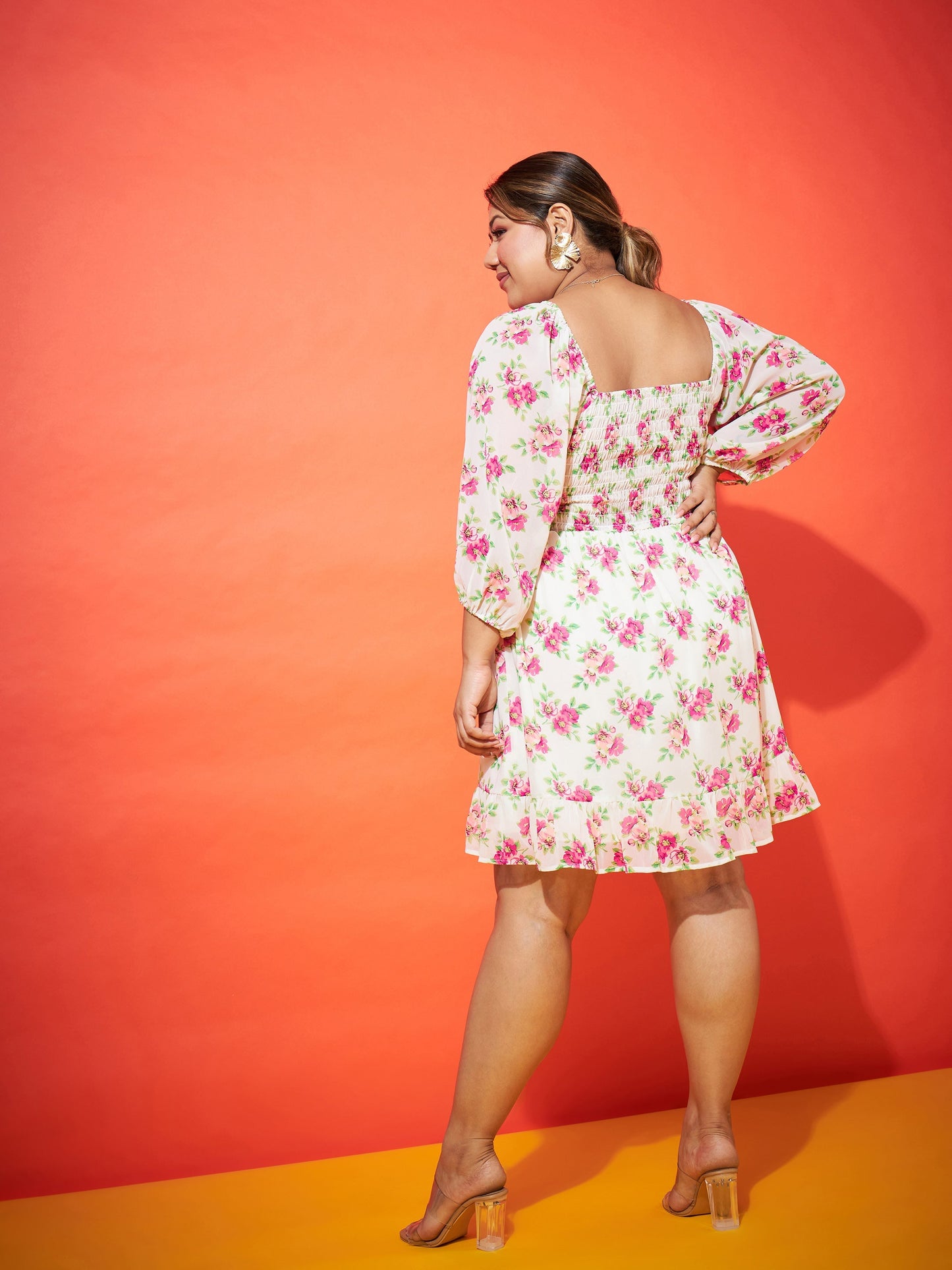White Floral Smocking Mini Dress