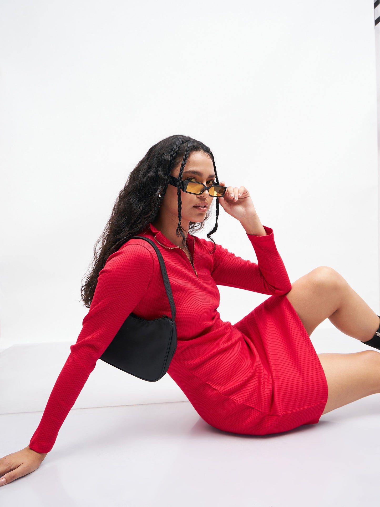 Pink Rib Front Zipper Short Bodycon Dress
