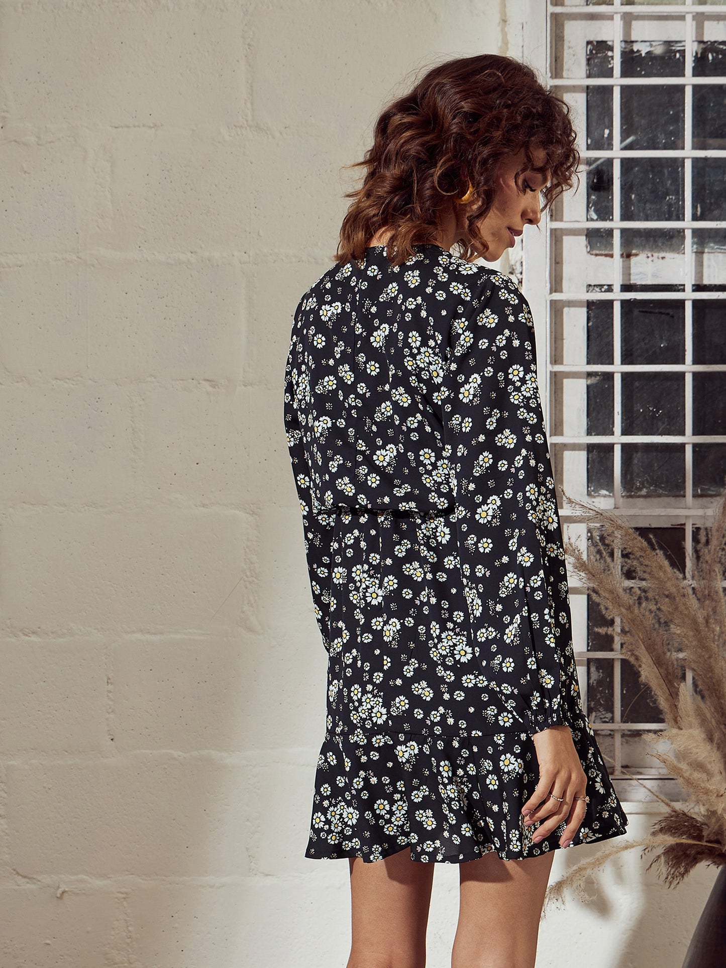 Black Floral Frill Hem Mini Dress