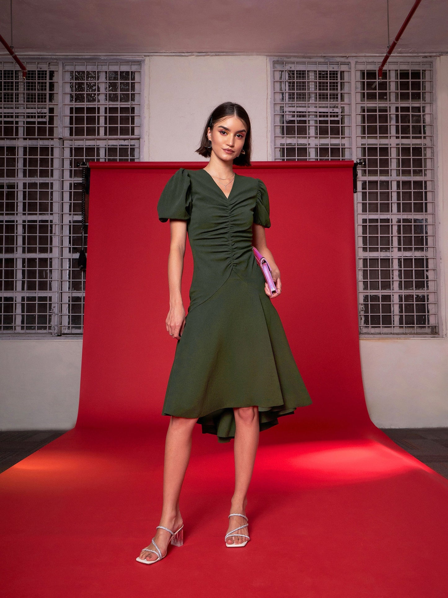 Olive Front Ruched Midi Dress