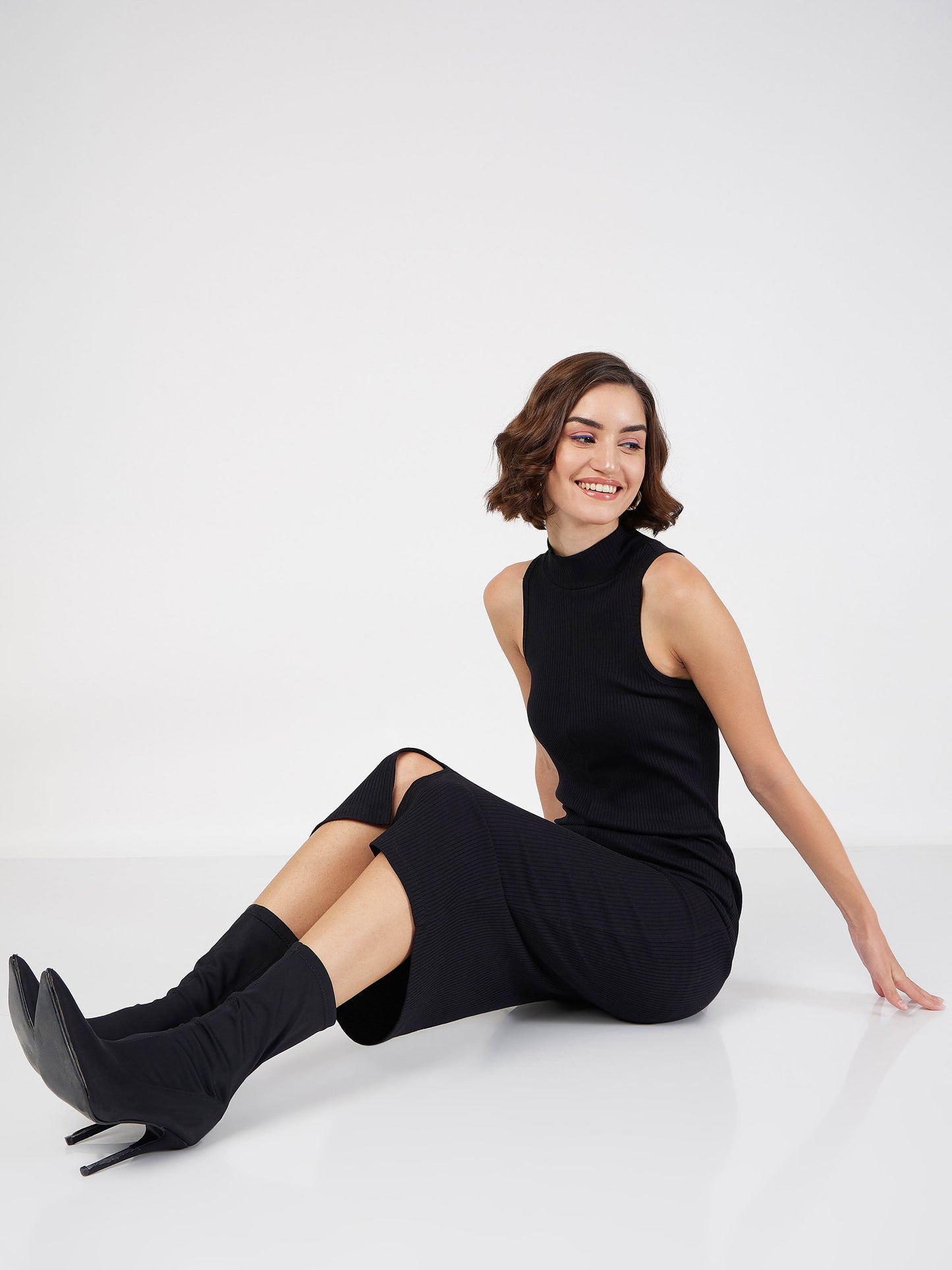 Women Black Rib Turtle Neck Sleeveless Midi Dress