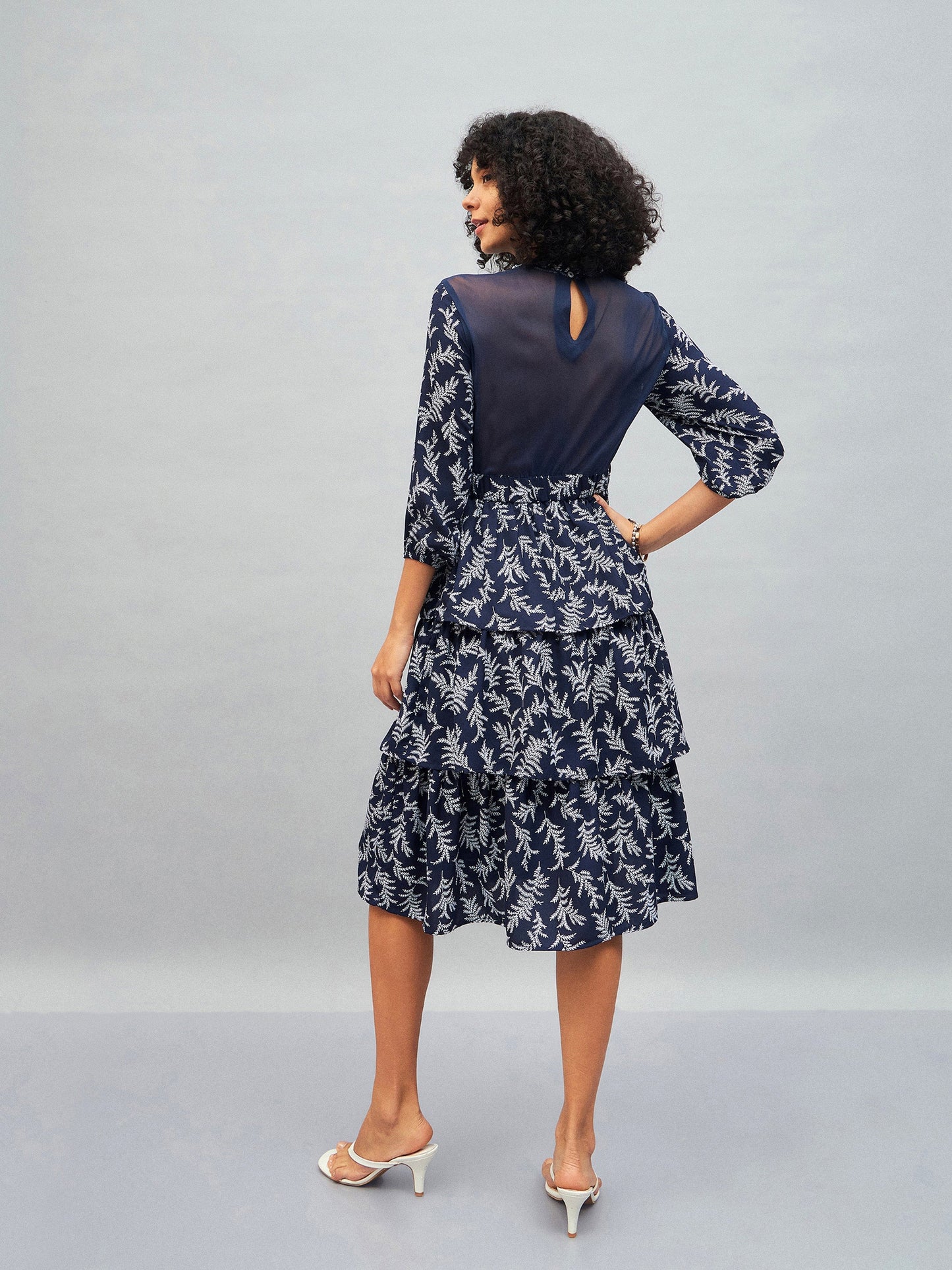 Blue Floral Tiered Midi Dress