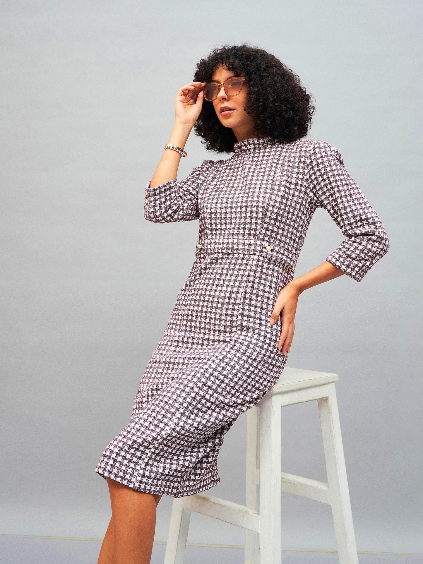 Burgundy Geo Jacquard Tweed Midi Dress