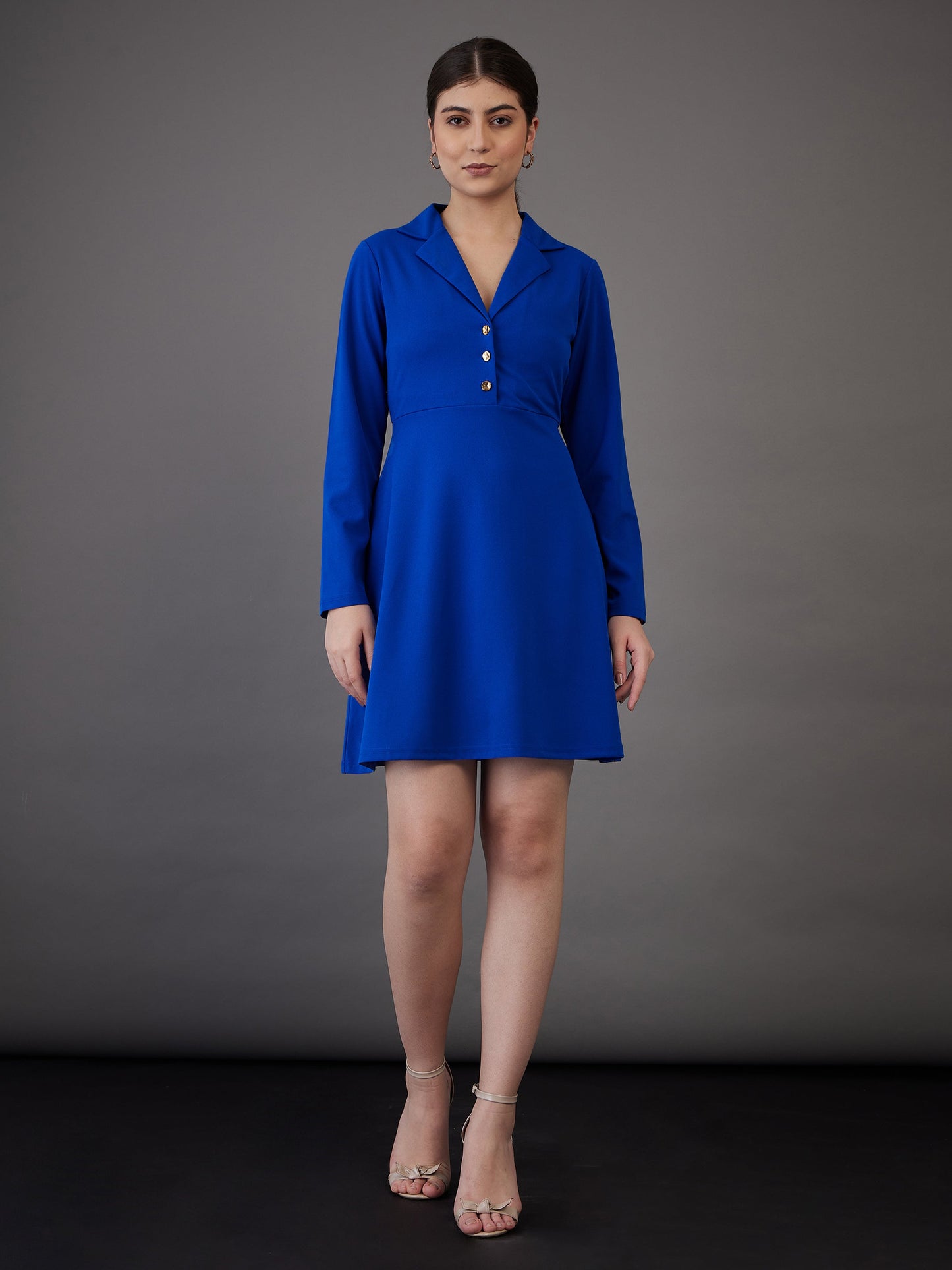 Royal Blue Notch Collar Full Sleeves Dress