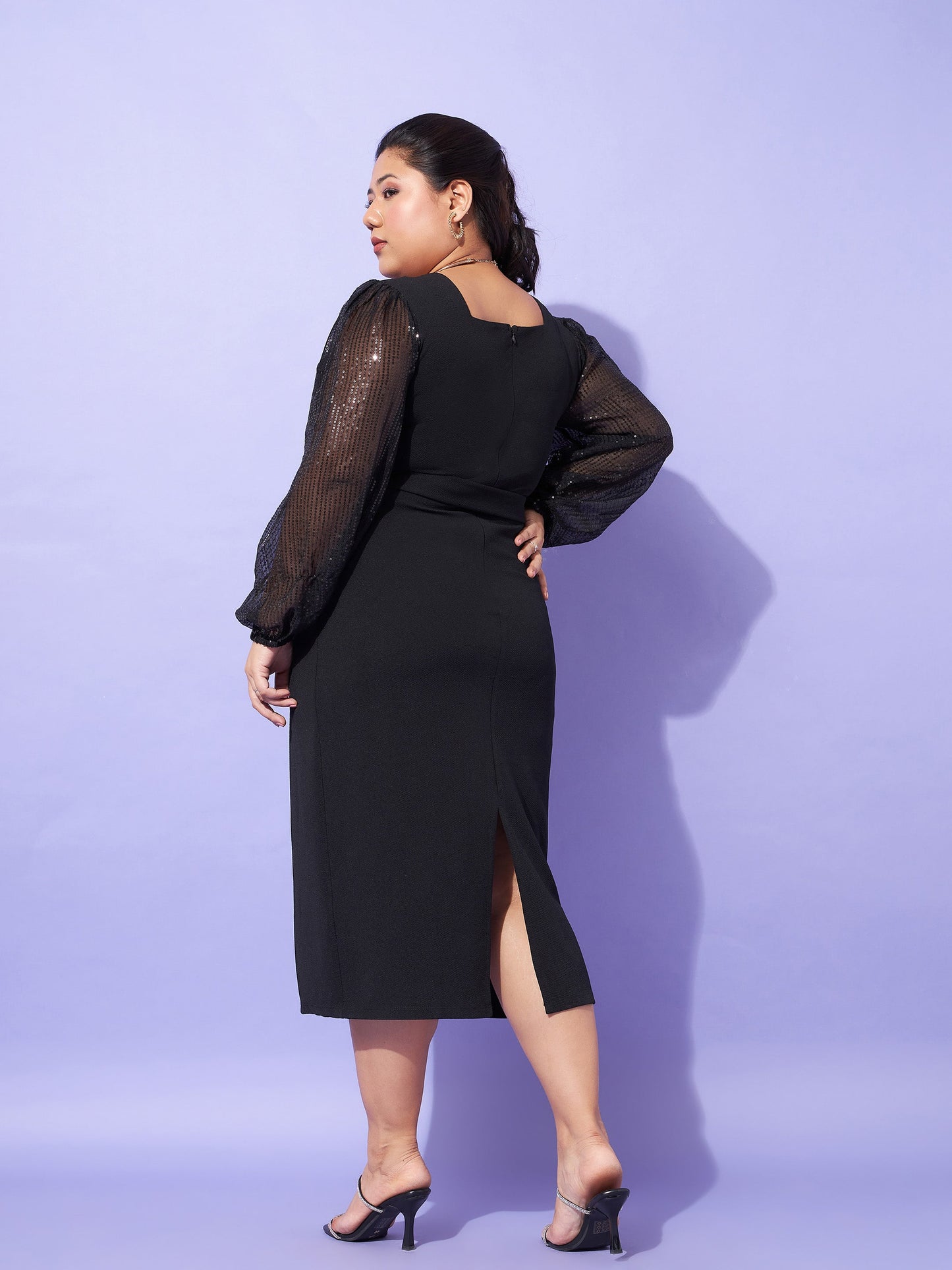 Black Sequence Sleeve Detail Bodycon Dress-SASSAFRAS Curve